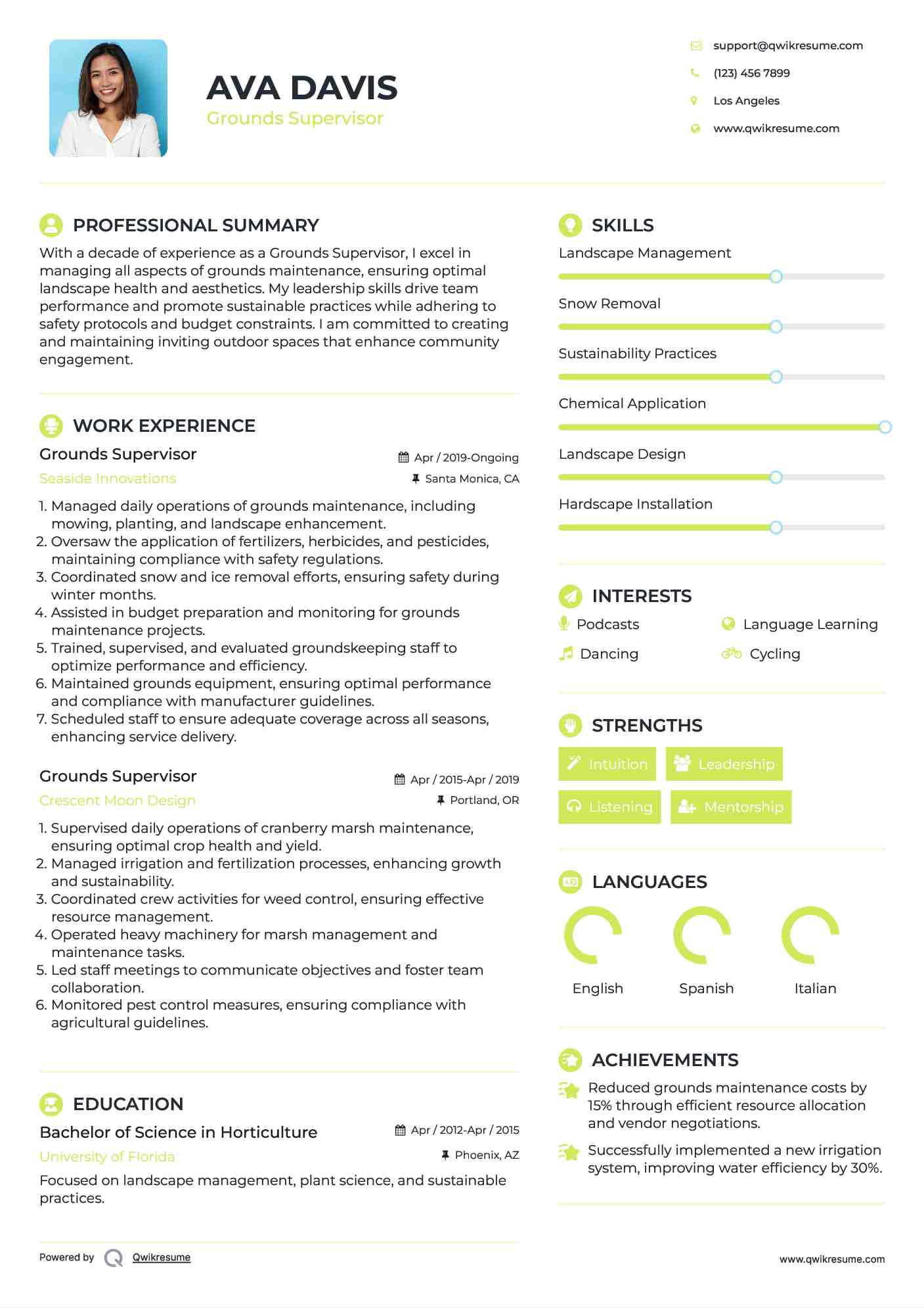 Grounds Supervisor Resume Samples QwikResume