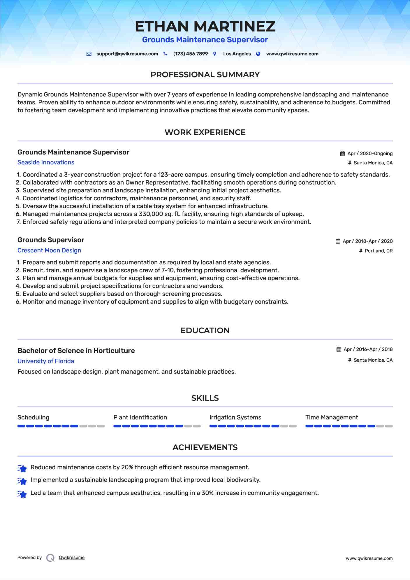 Grounds Supervisor Resume Samples QwikResume