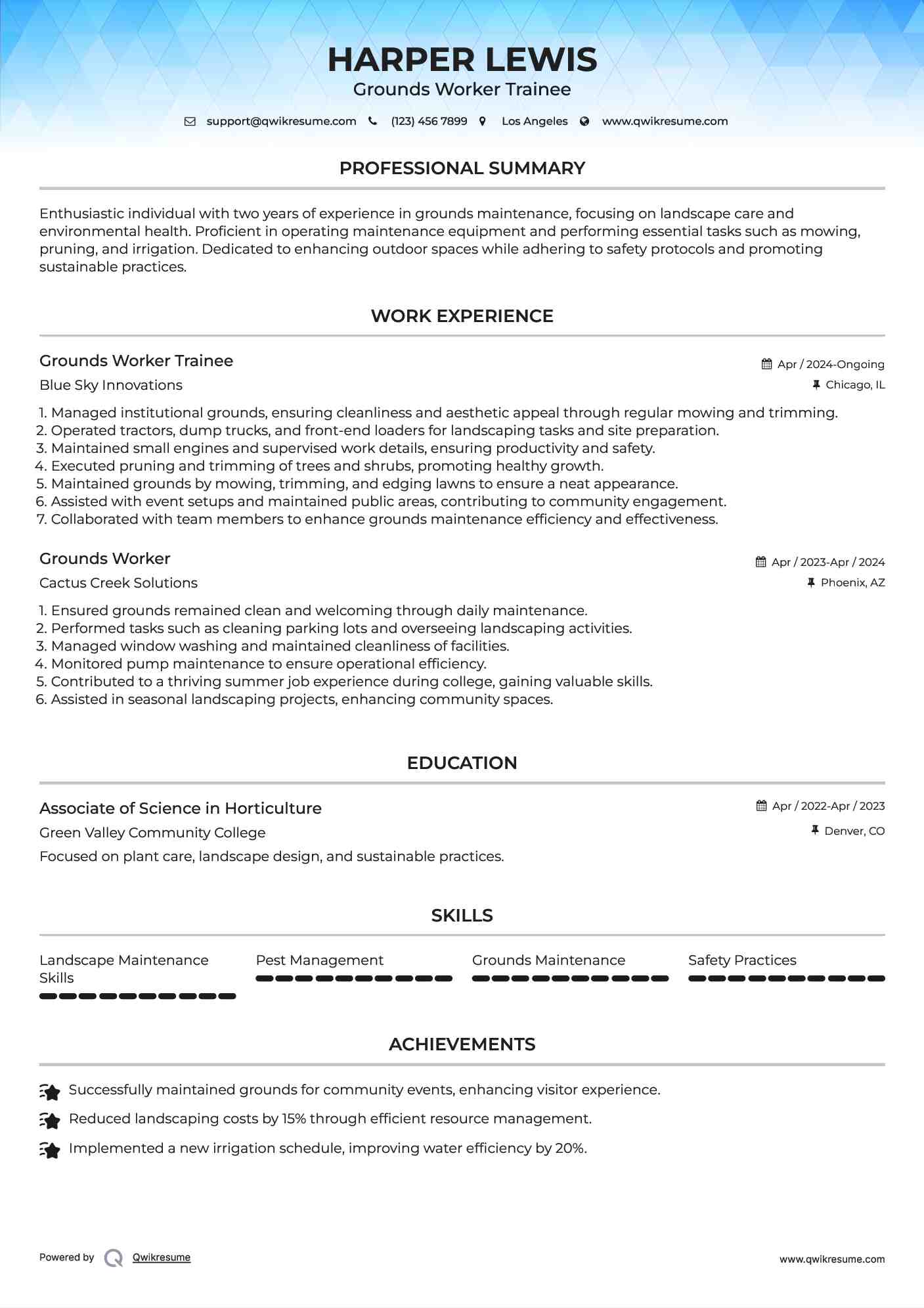 Grounds Worker Trainee Resume Sample