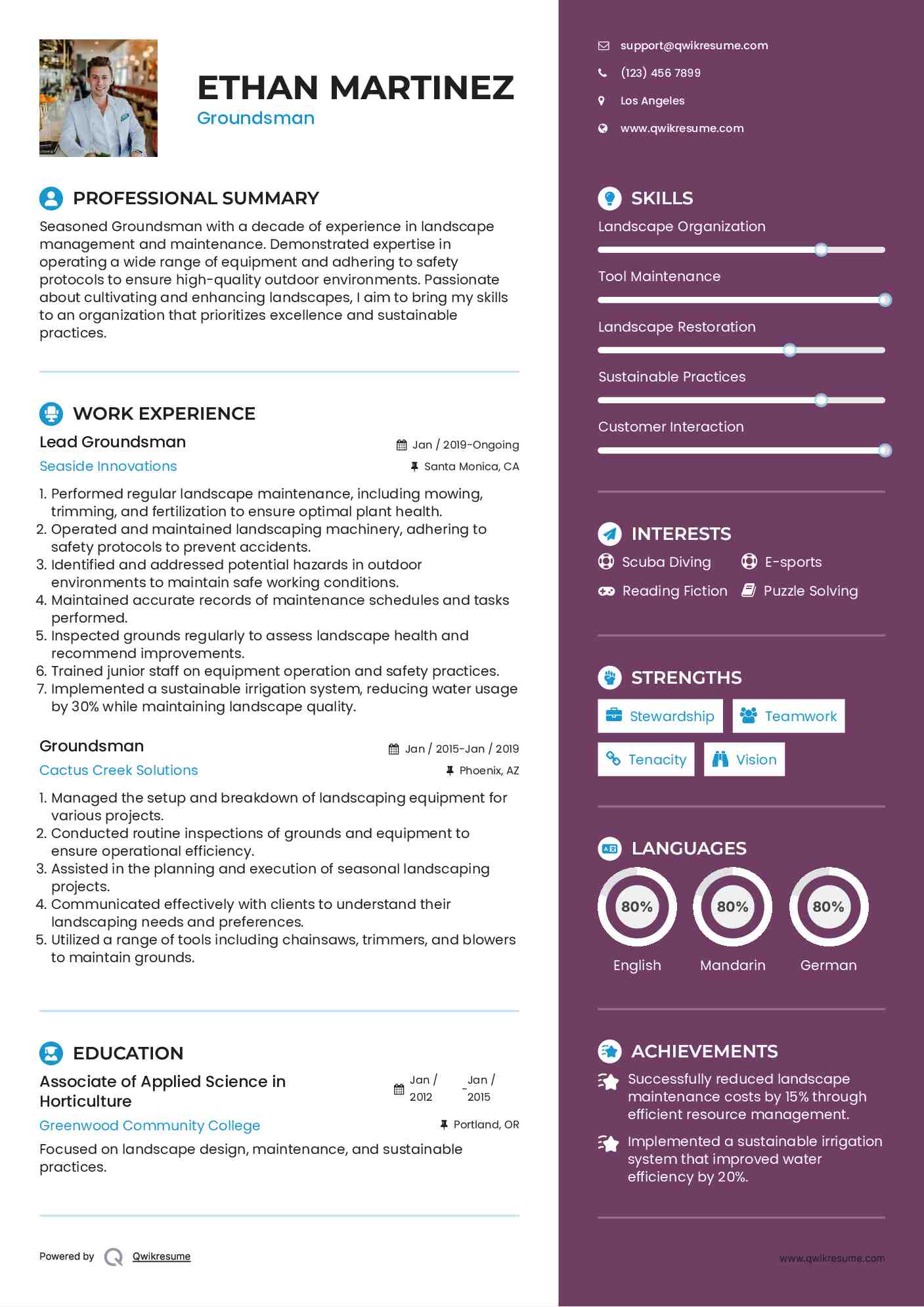 Groundsman Resume Samples QwikResume