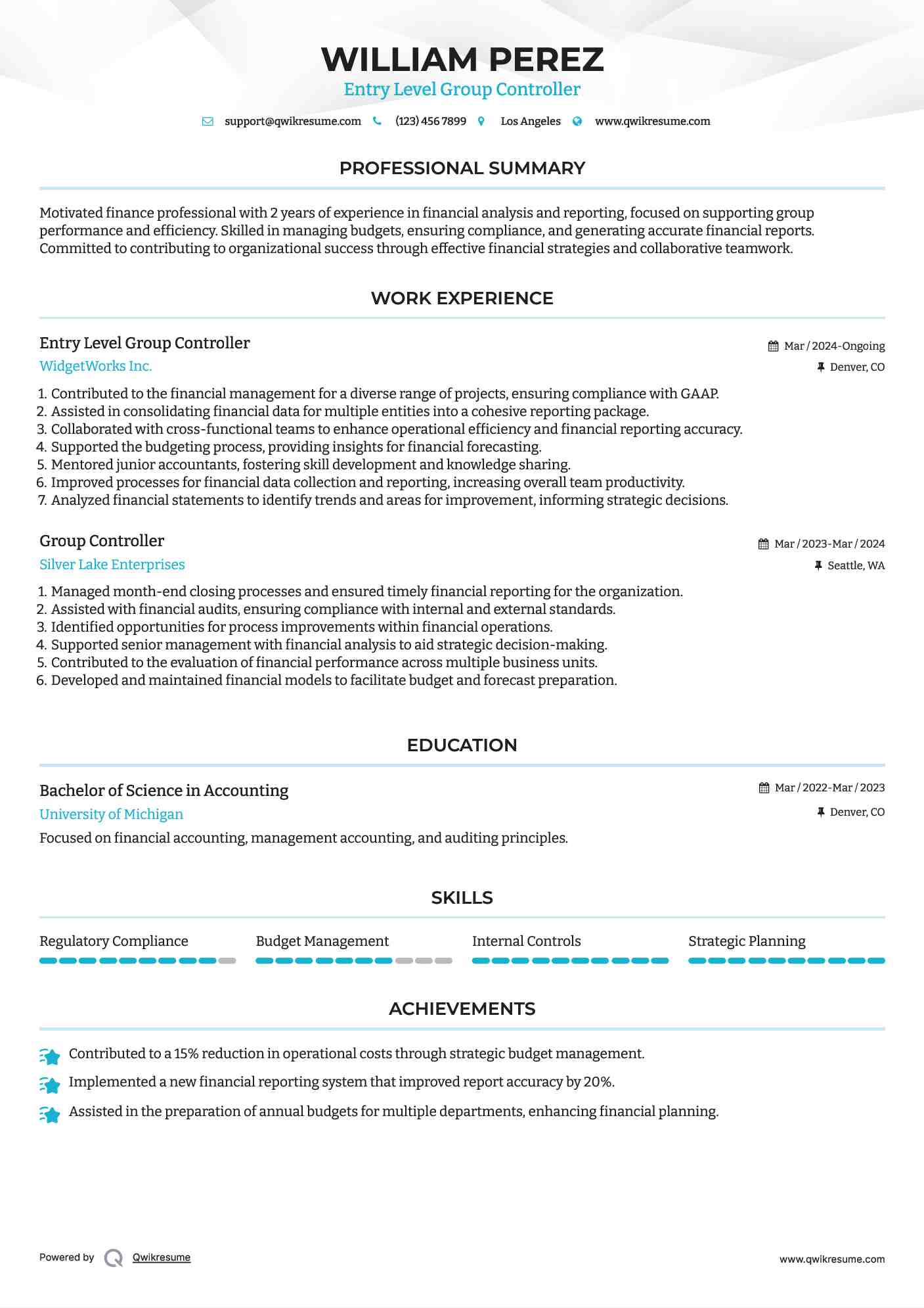 Entry Level Group Controller Resume Format