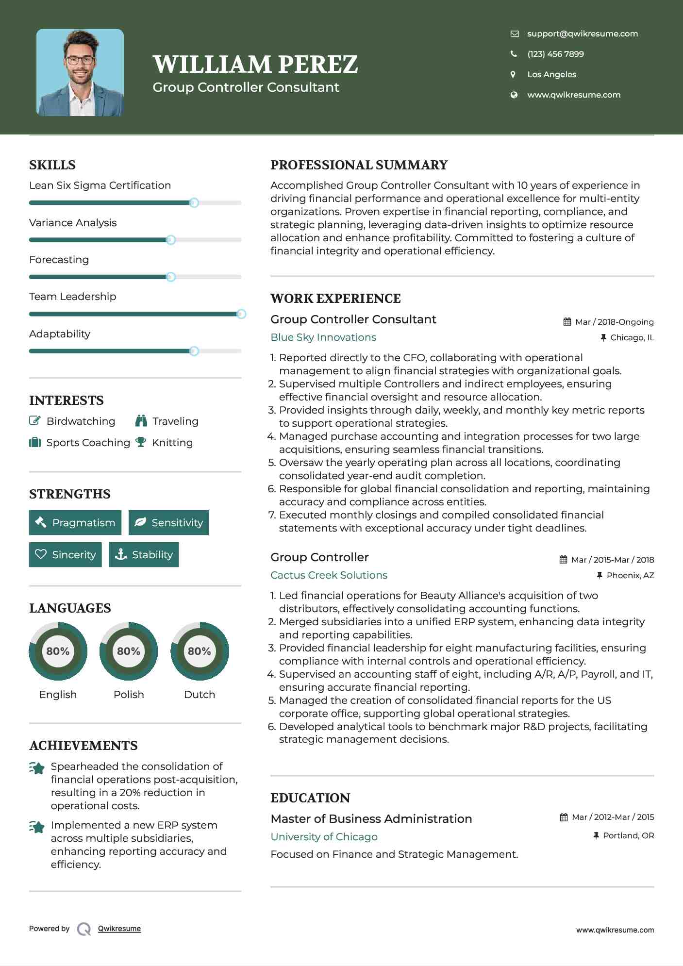 Group Controller Consultant Resume Example