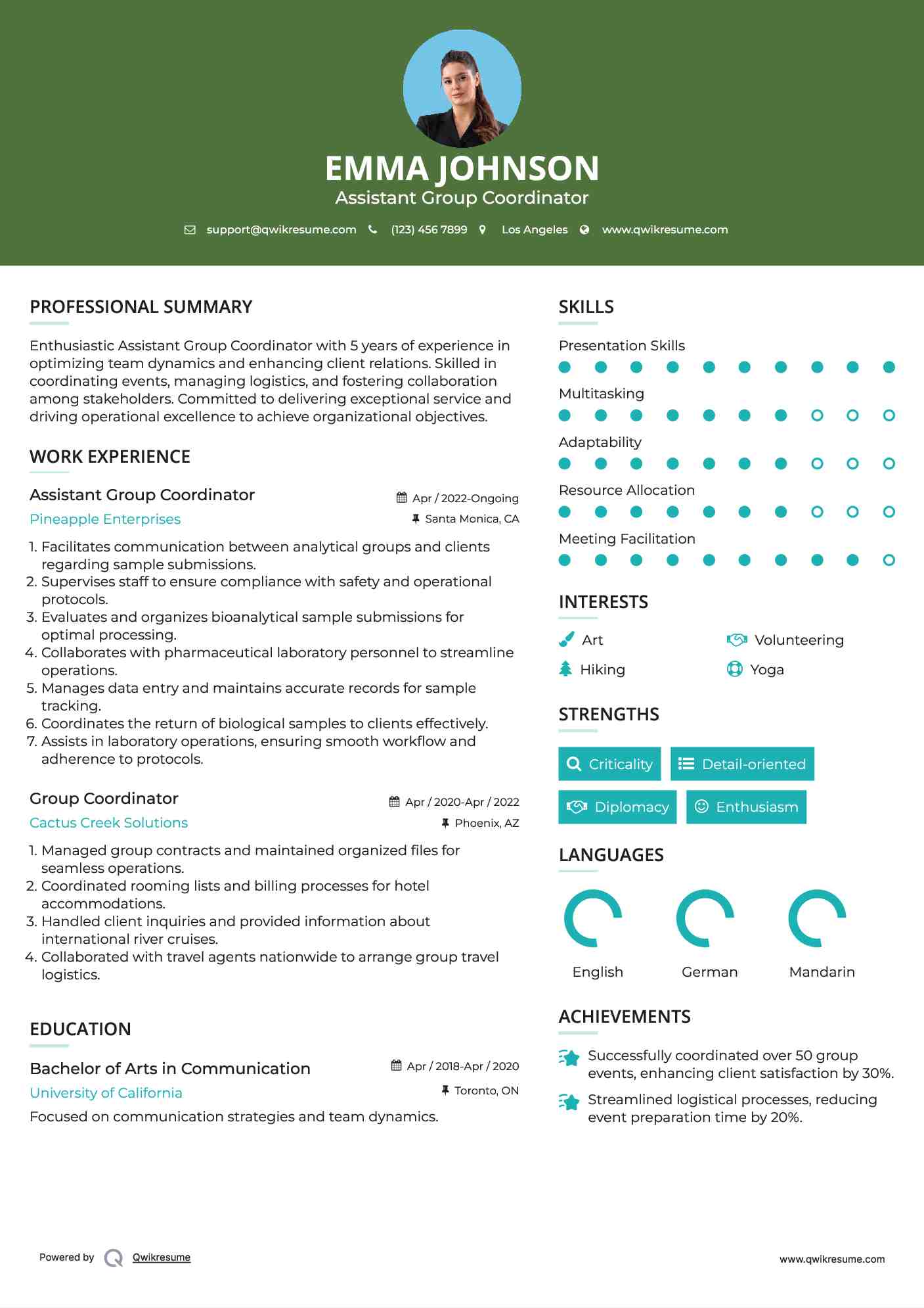 Assistant Group Coordinator Resume Sample