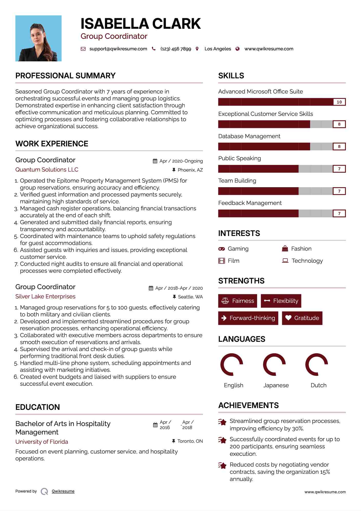 Group Coordinator Resume Model