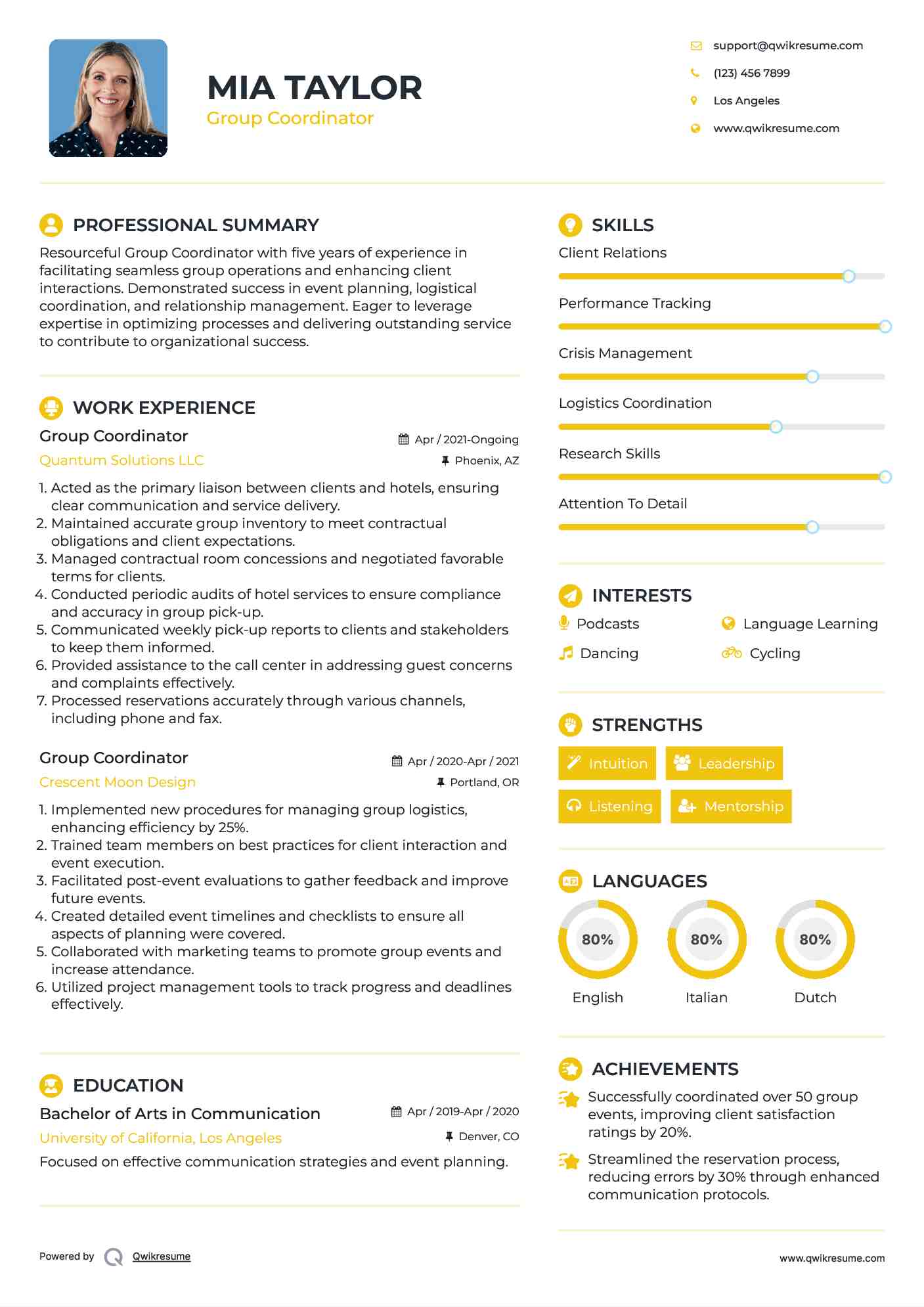 Group Coordinator Resume Example