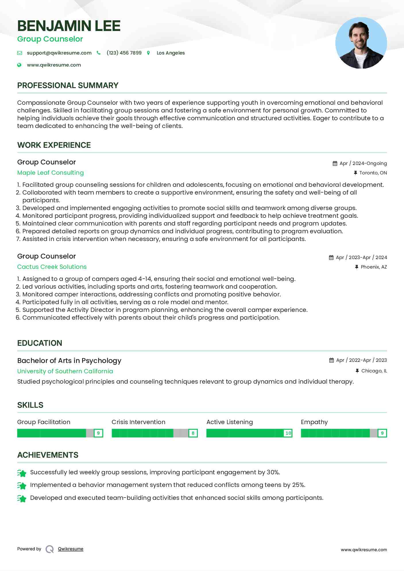 Group Counselor Resume Example