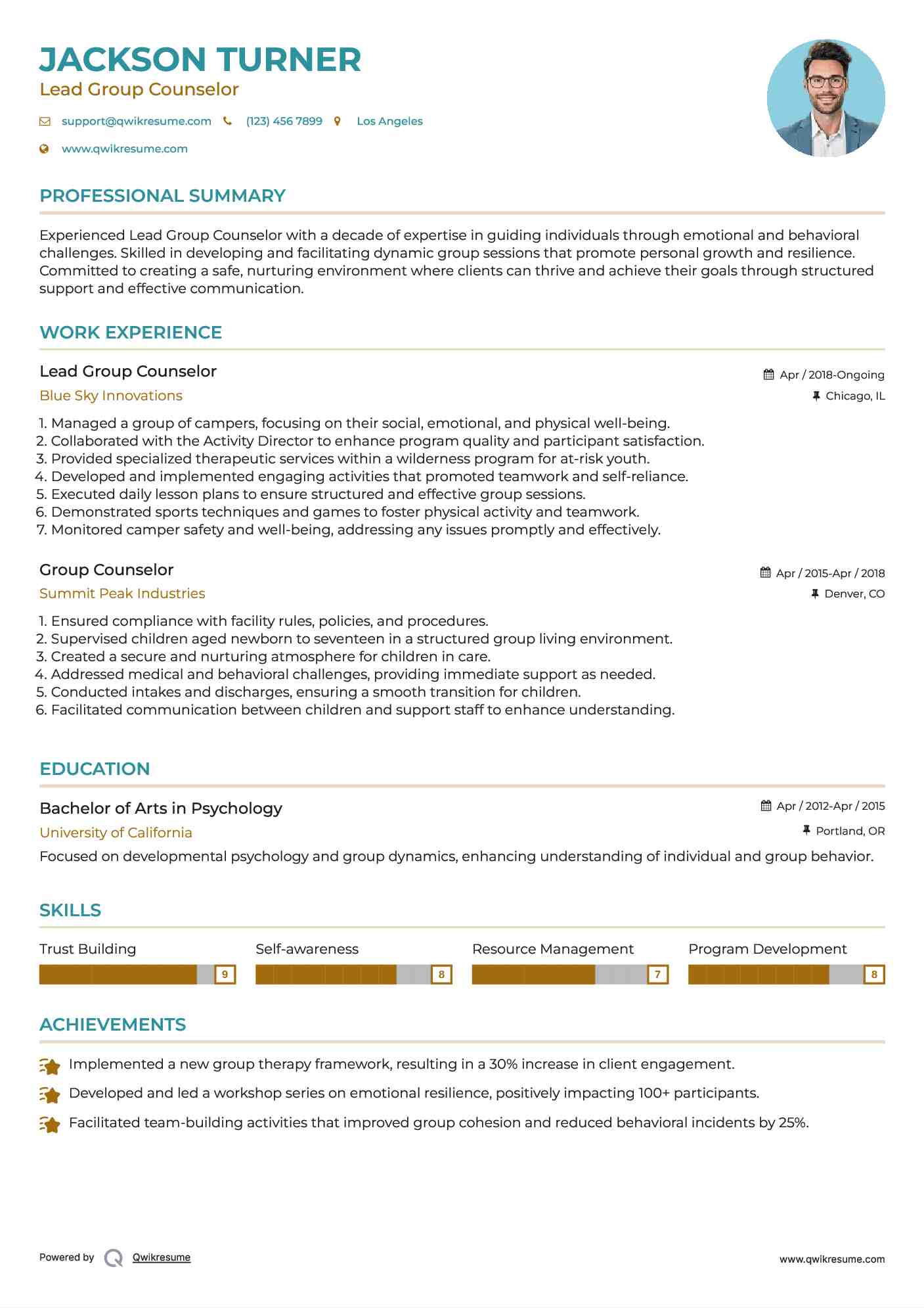 Lead Group Counselor
 Resume Model