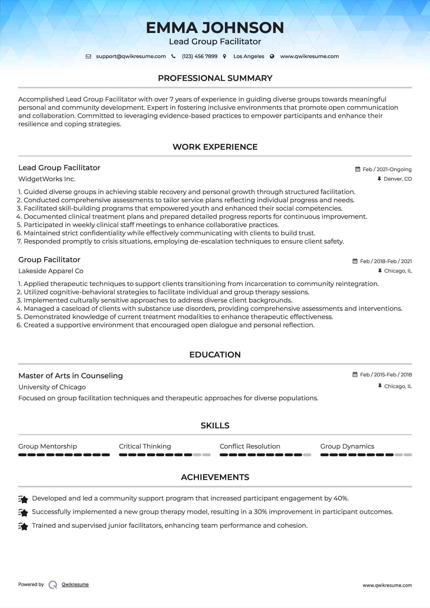 Lead Group Facilitator Resume Sample