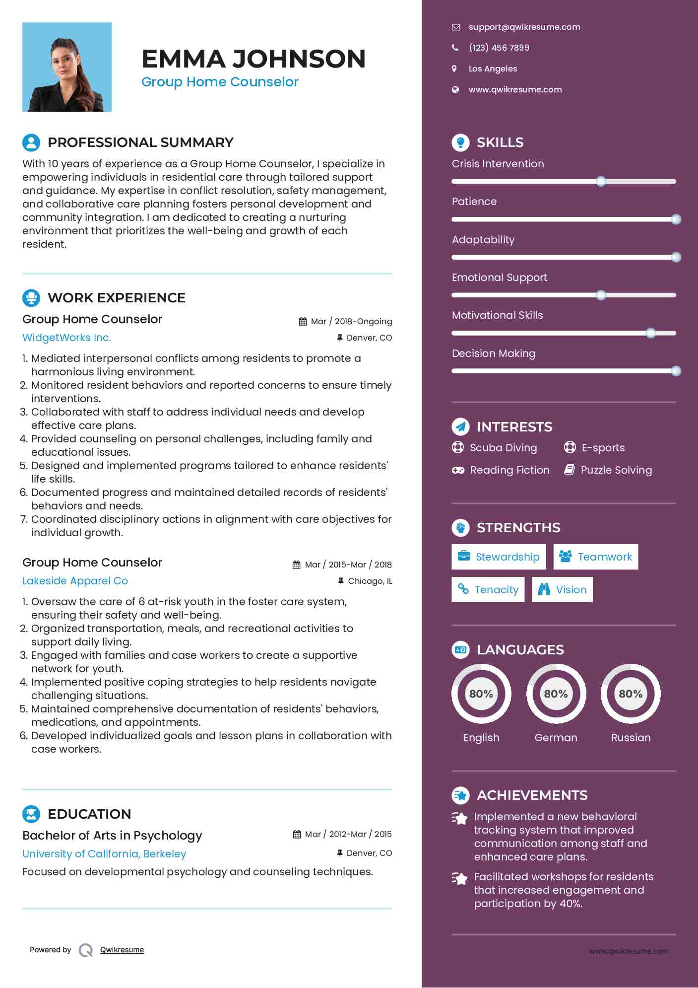 Group Home Counselor Resume Sample