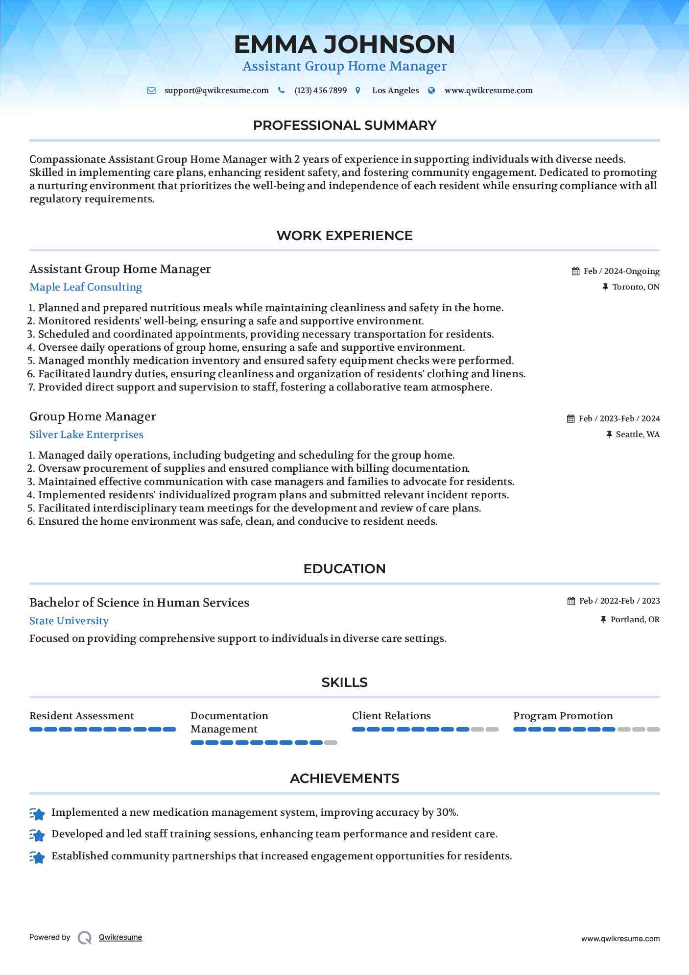 Assistant Group Home Manager Resume Model