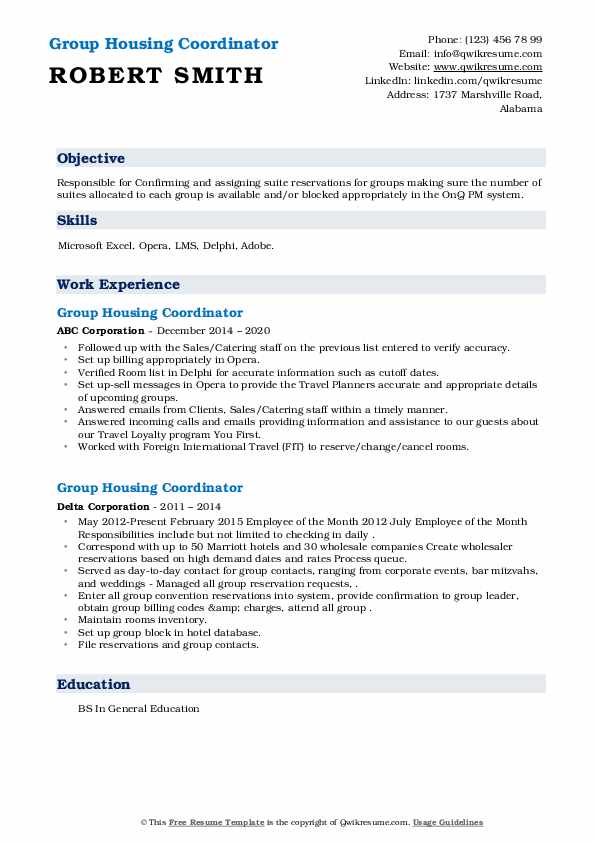 Group Housing Coordinator Resume Samples QwikResume