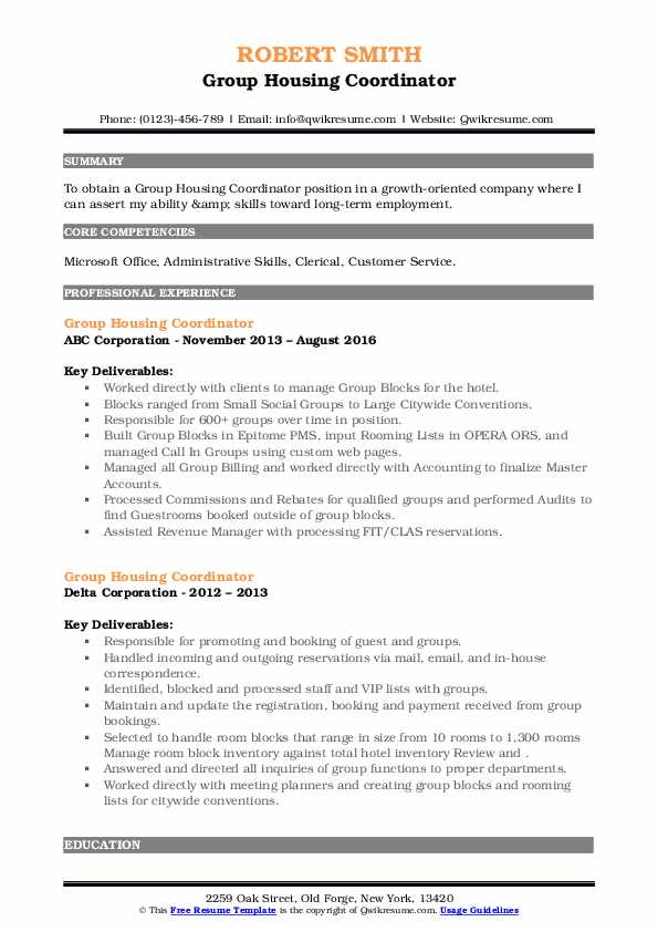 Group Housing Coordinator Resume Samples QwikResume