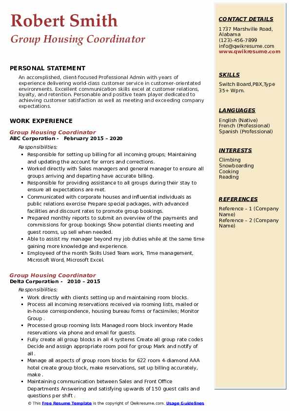Group Housing Coordinator Resume Samples QwikResume