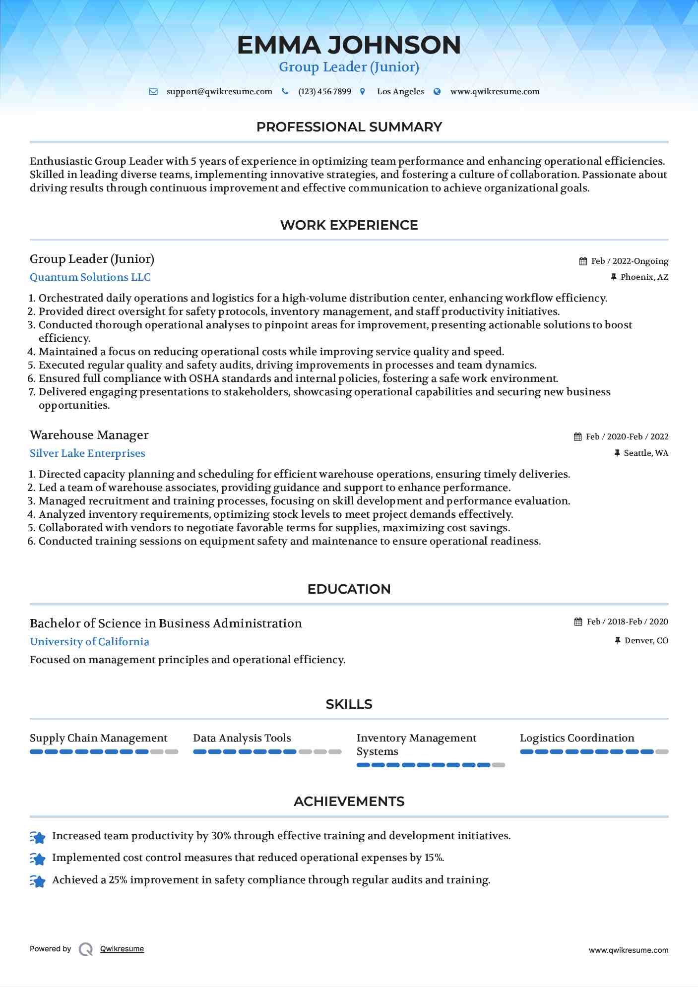 Group Leader (Junior) Resume Model