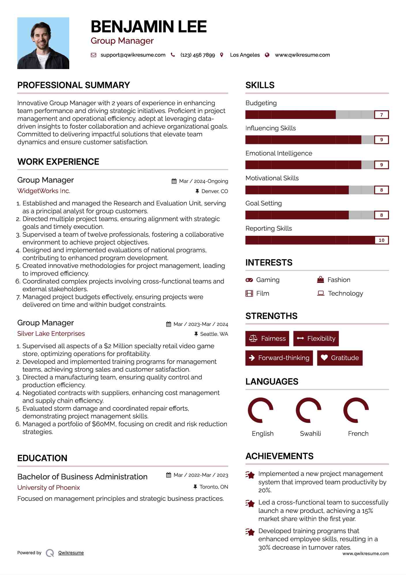 Group Manager Resume Template