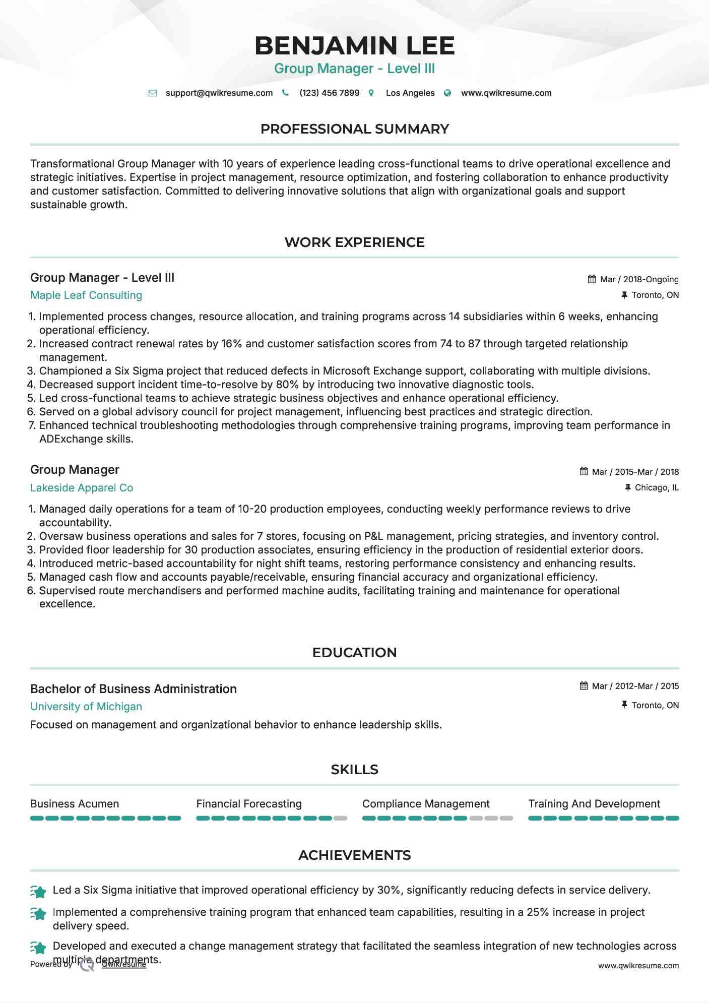 Group Manager - Level III Resume Sample