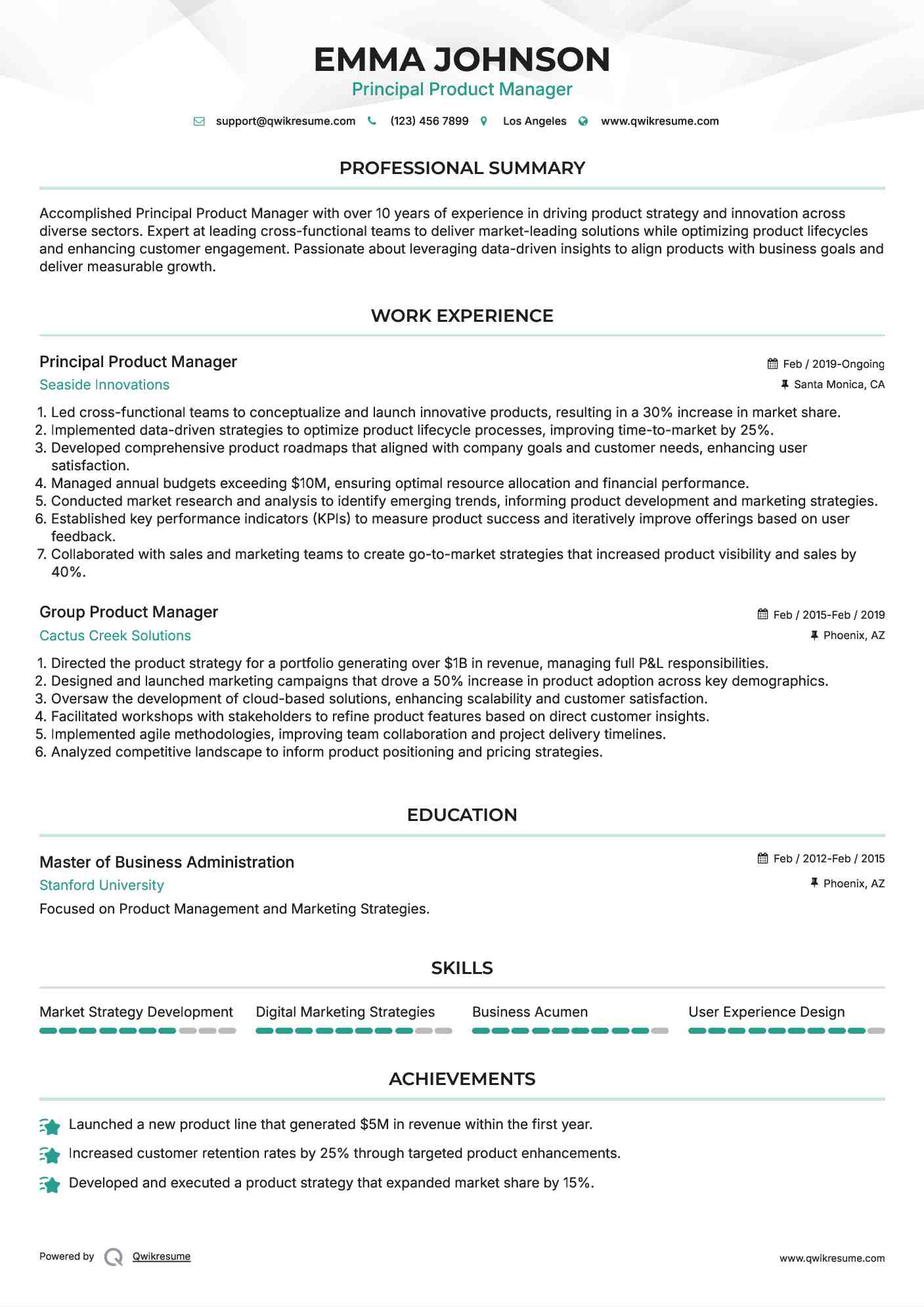 Principal Product Manager Resume Format