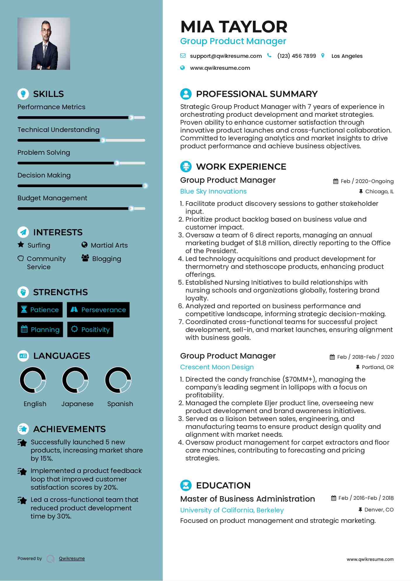 Group Product Manager Resume Model