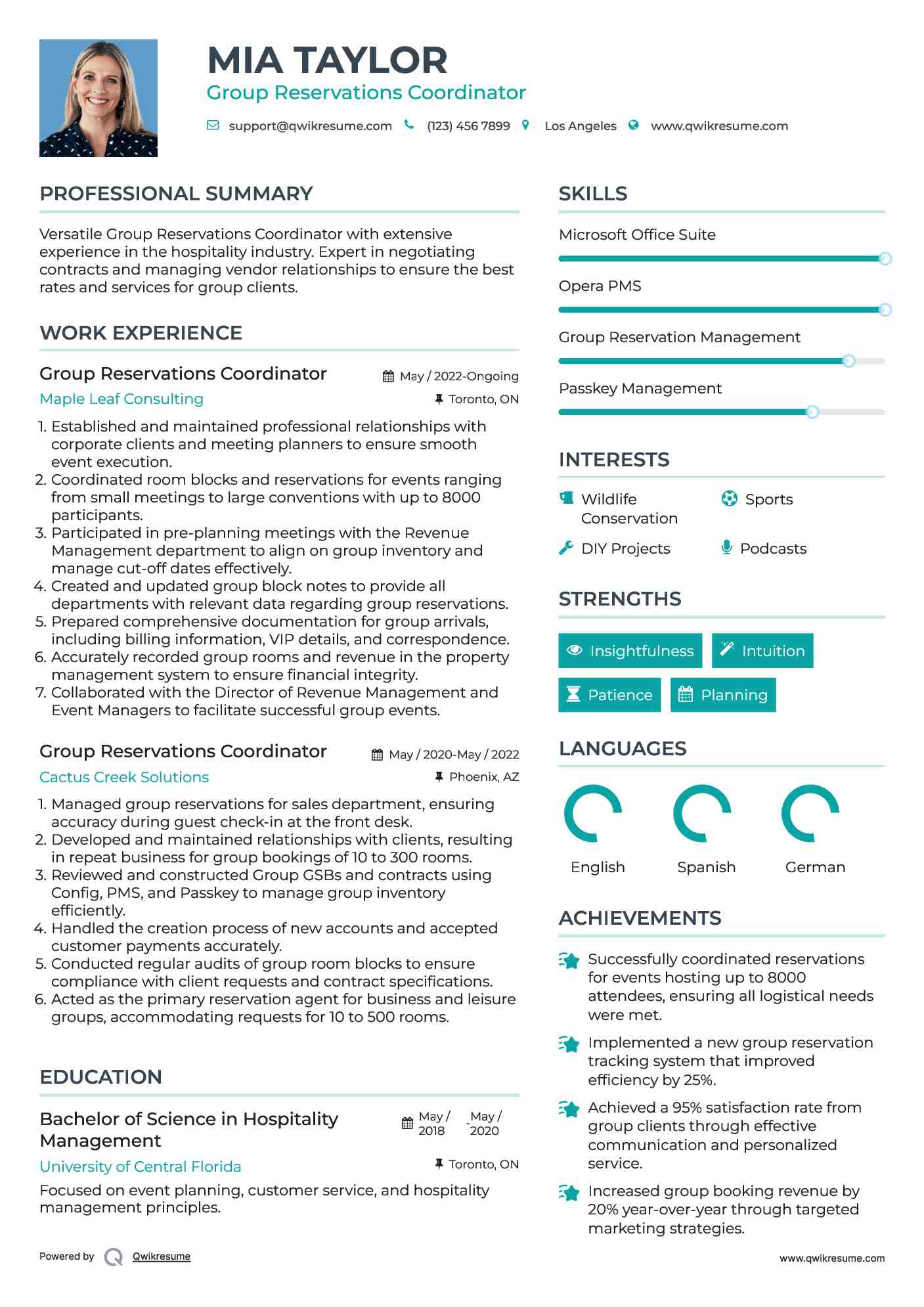 Group Reservations Coordinator Resume Example