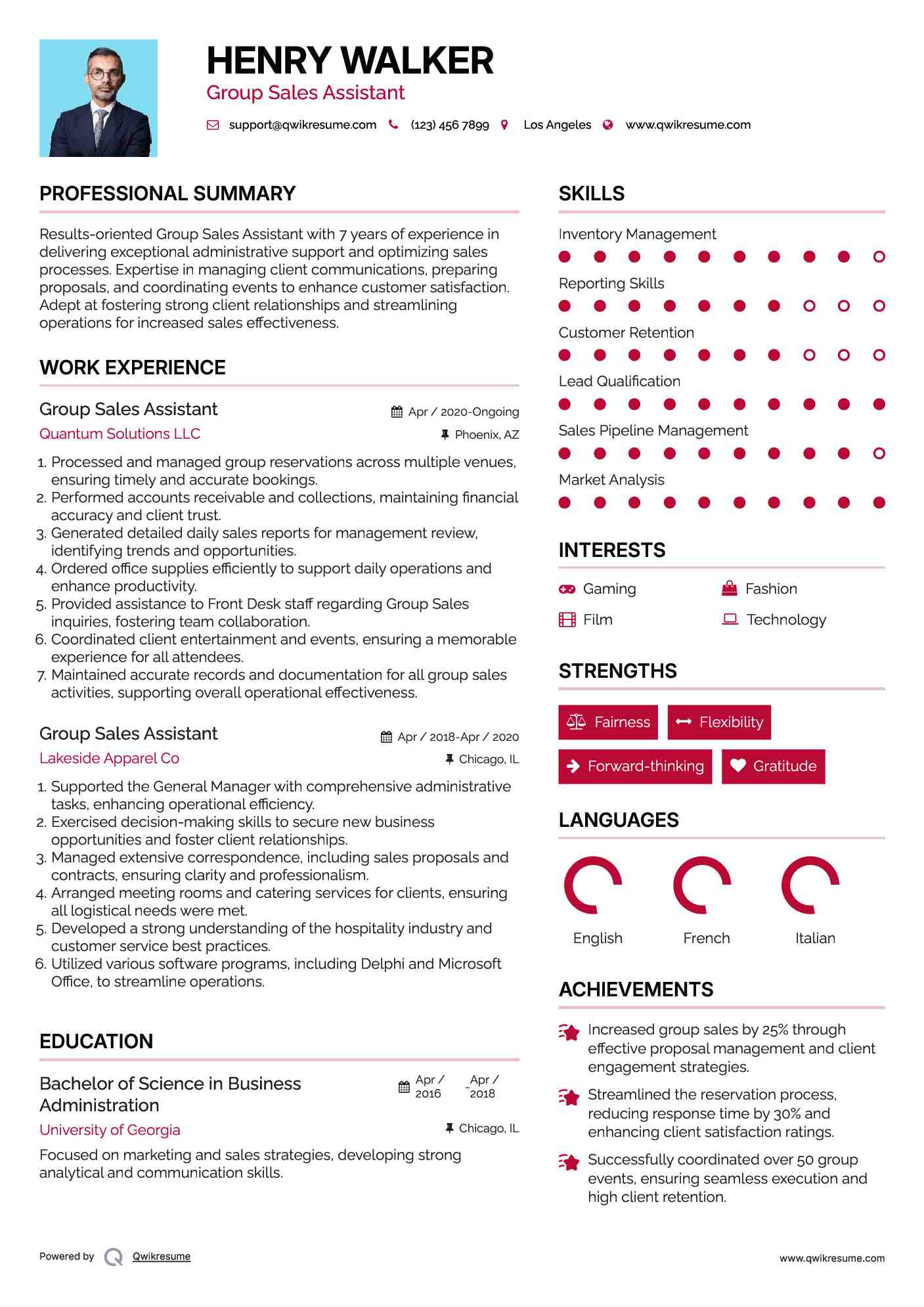 Group Sales Assistant Resume Model