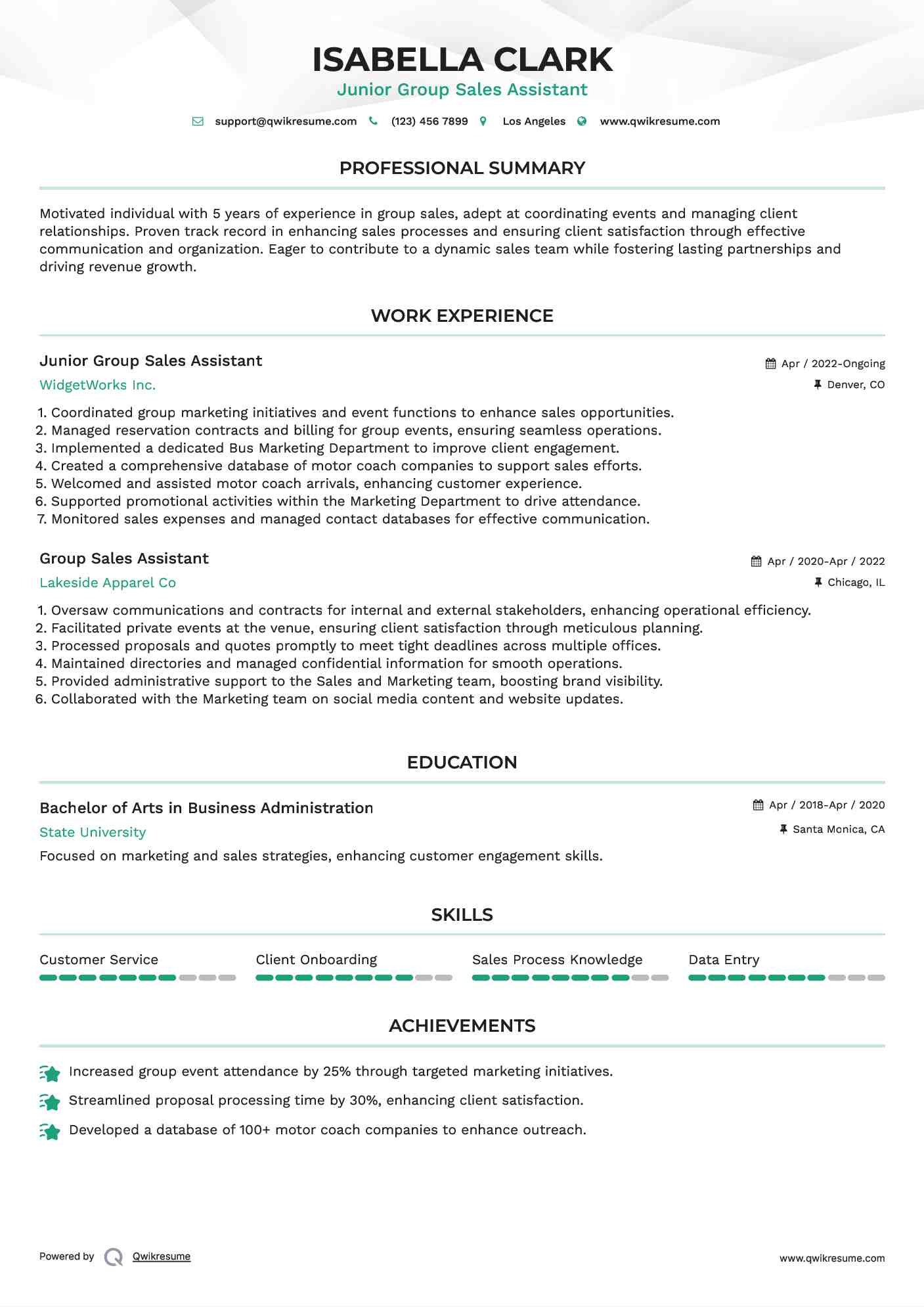 Junior Group Sales Assistant Resume Format