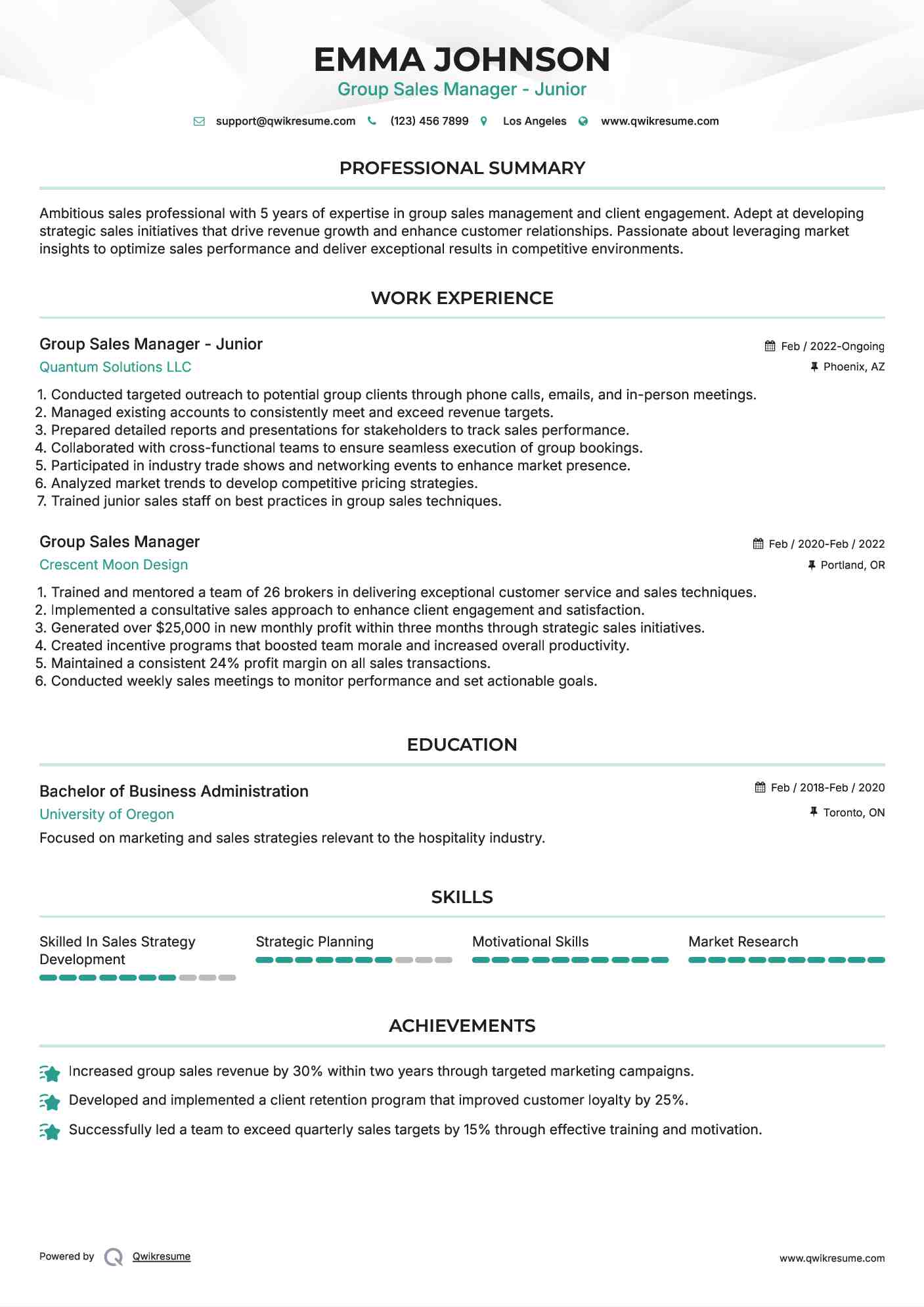 Group Sales Manager - Junior Resume Template