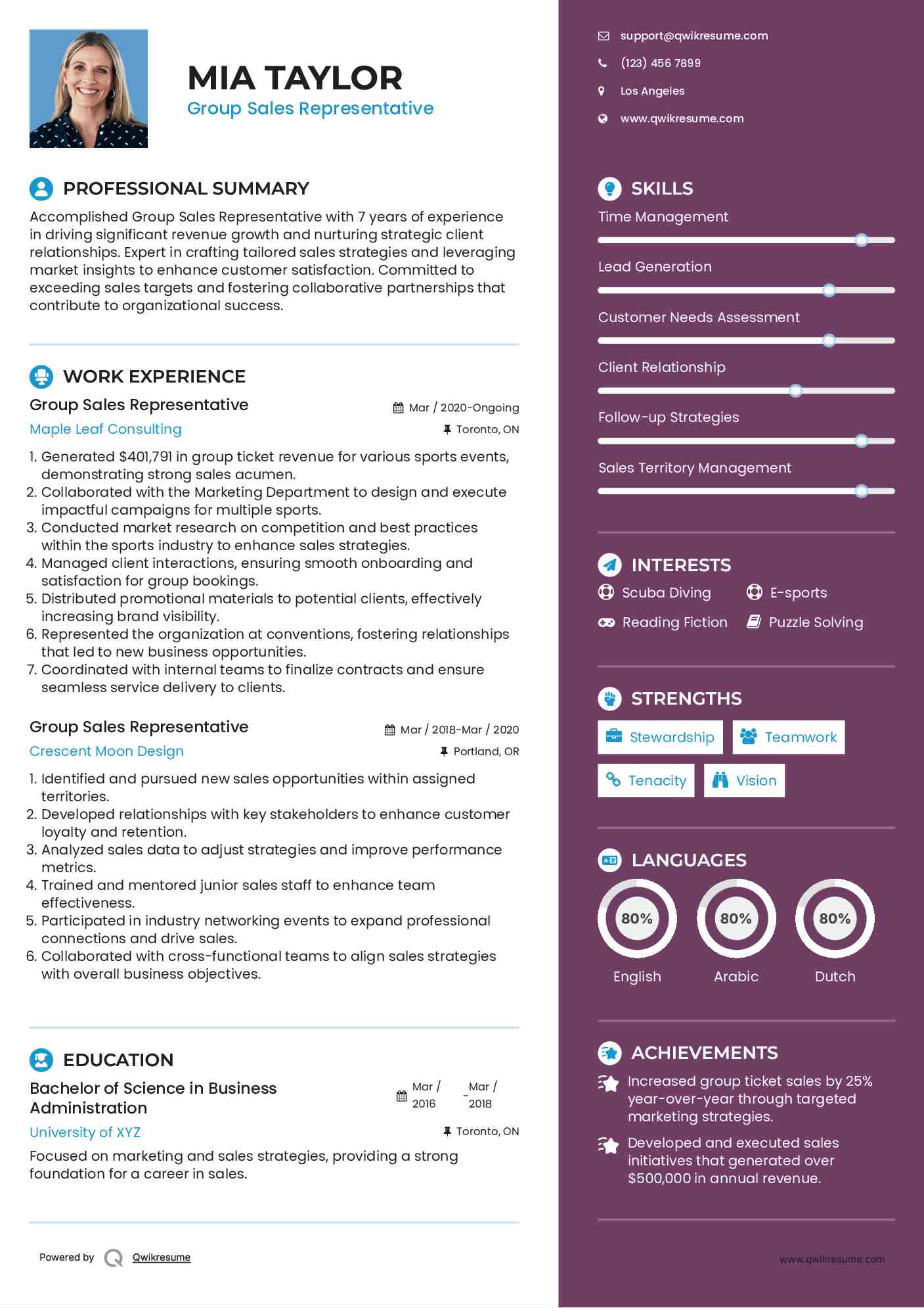 Group Sales Representative Resume Sample