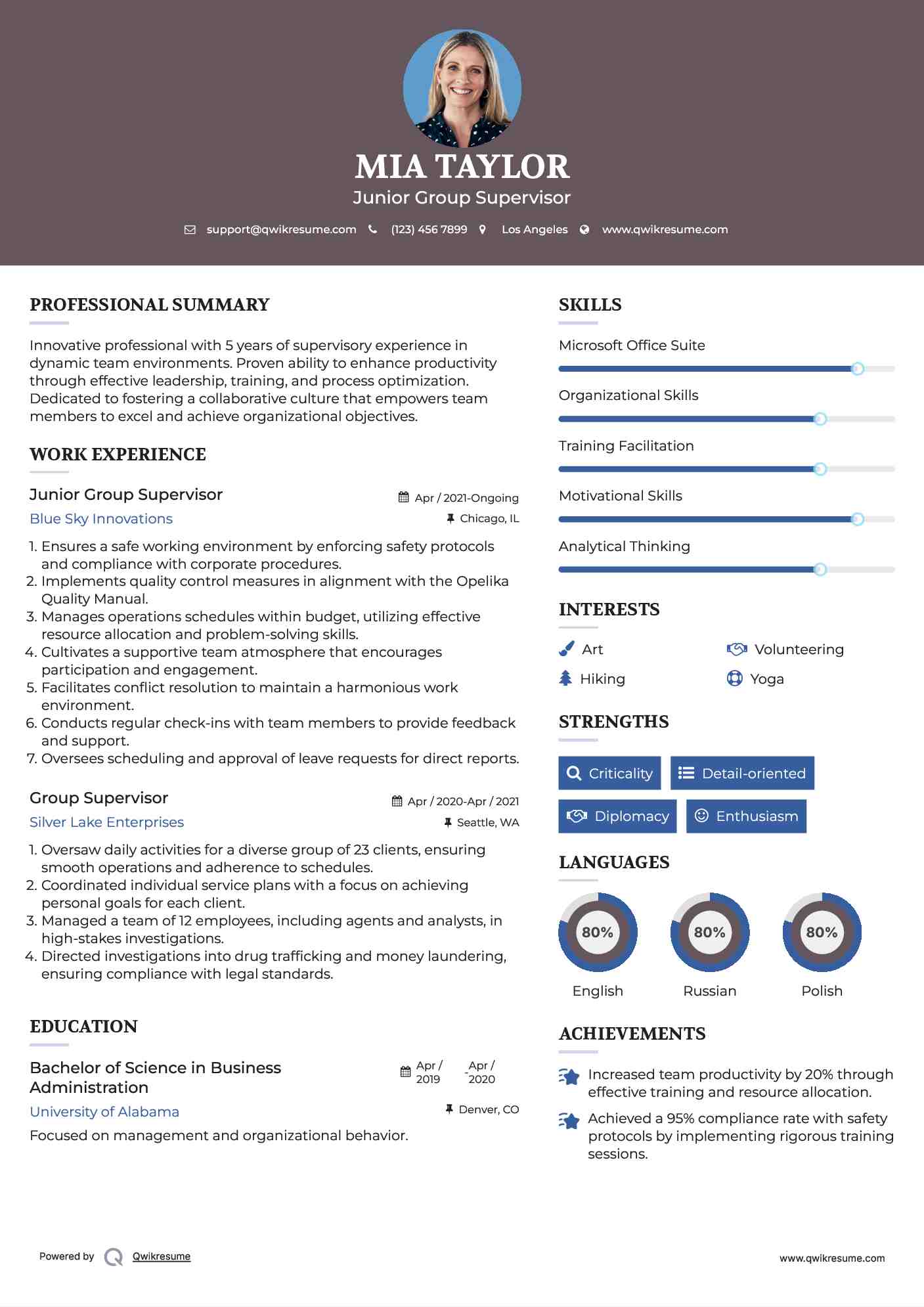 Junior Group Supervisor Resume Sample