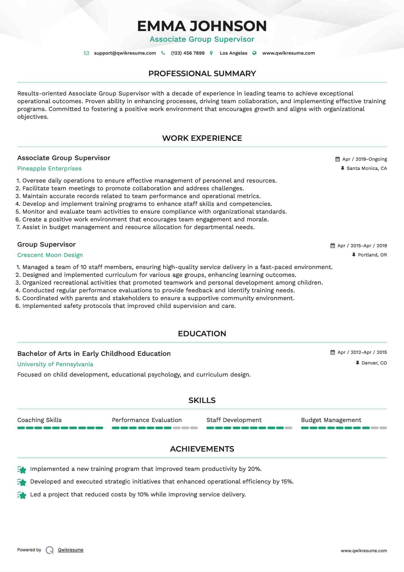Associate Group Supervisor Resume Sample