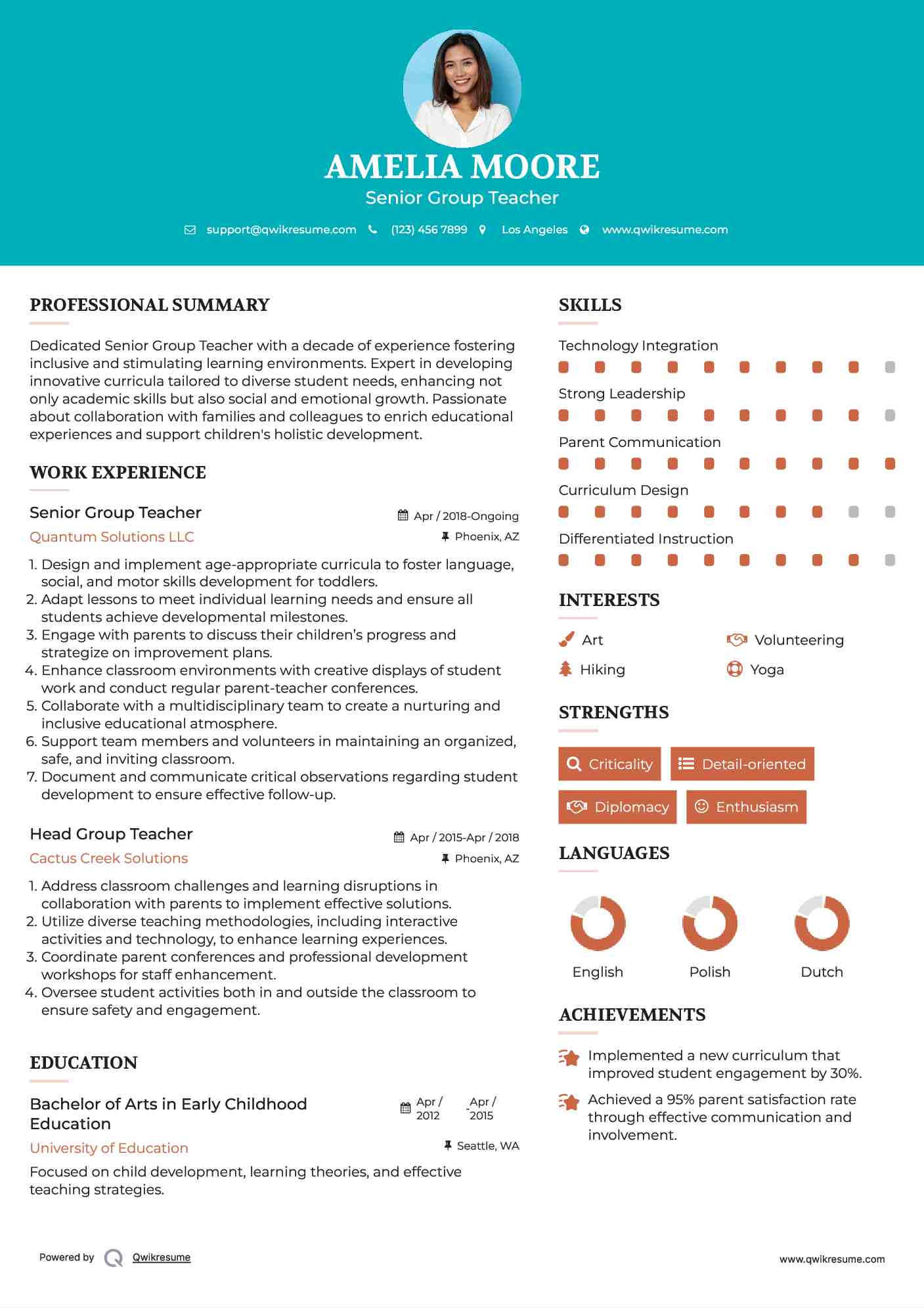 Senior Group Teacher Resume Example