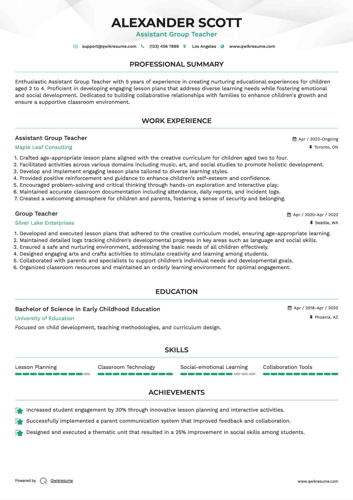 Assistant Group Teacher
 Resume Model