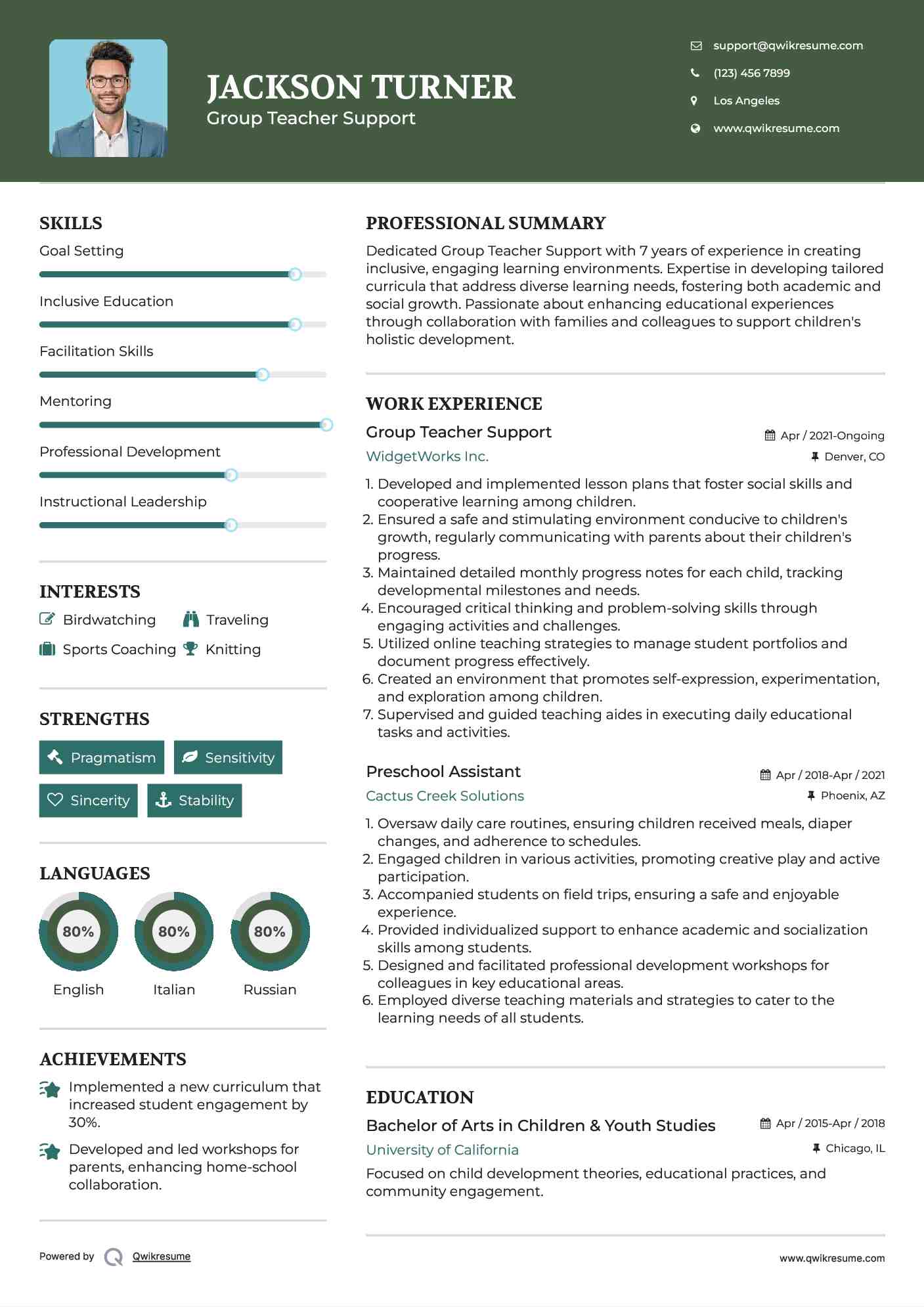 Group Teacher Support Resume Sample