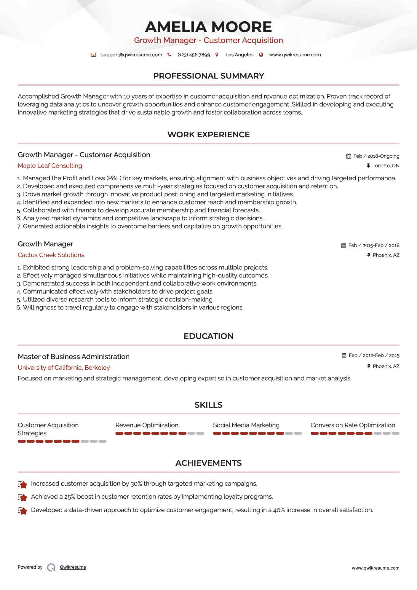 Growth Manager - Customer Acquisition Resume Example