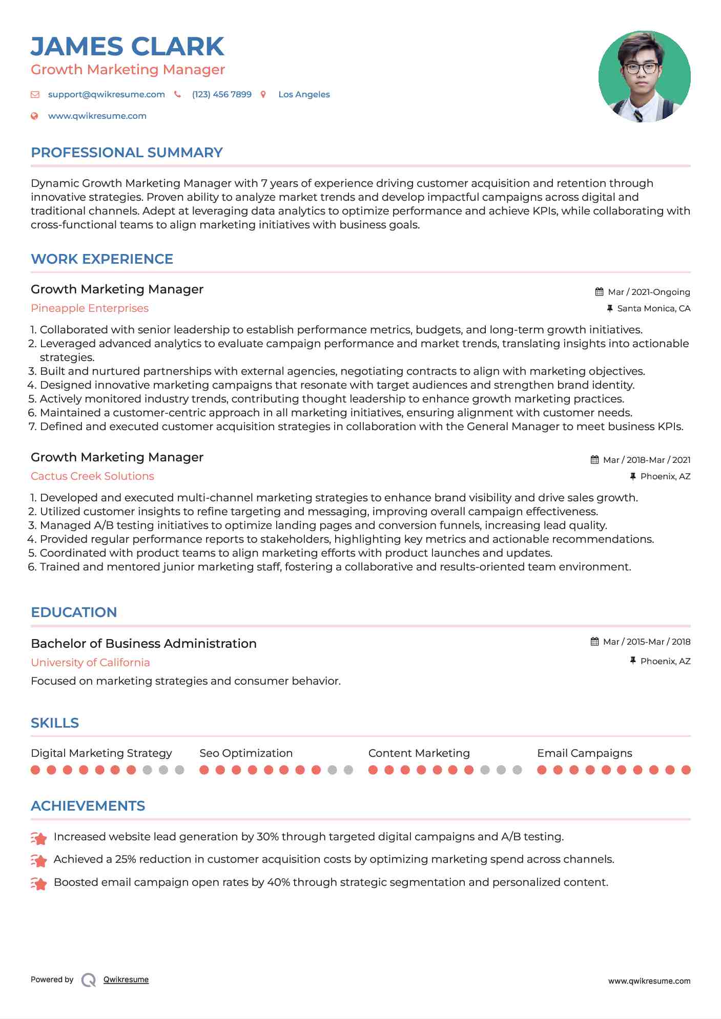 Growth Marketing Manager Resume Example