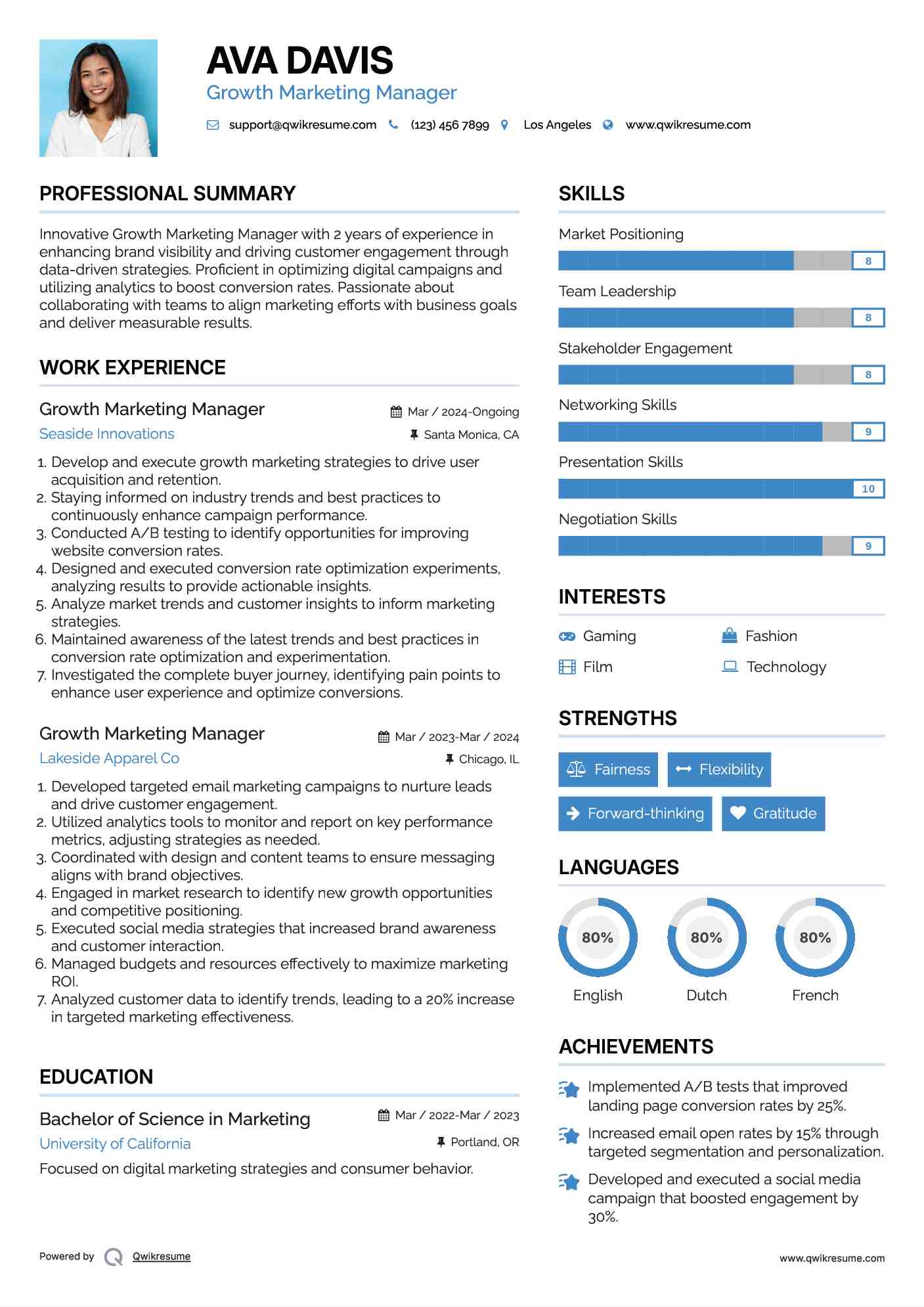 Growth Marketing Manager Resume Sample