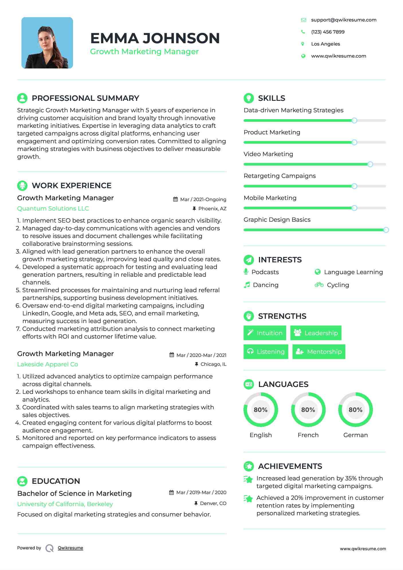 Growth Marketing Manager Resume Sample