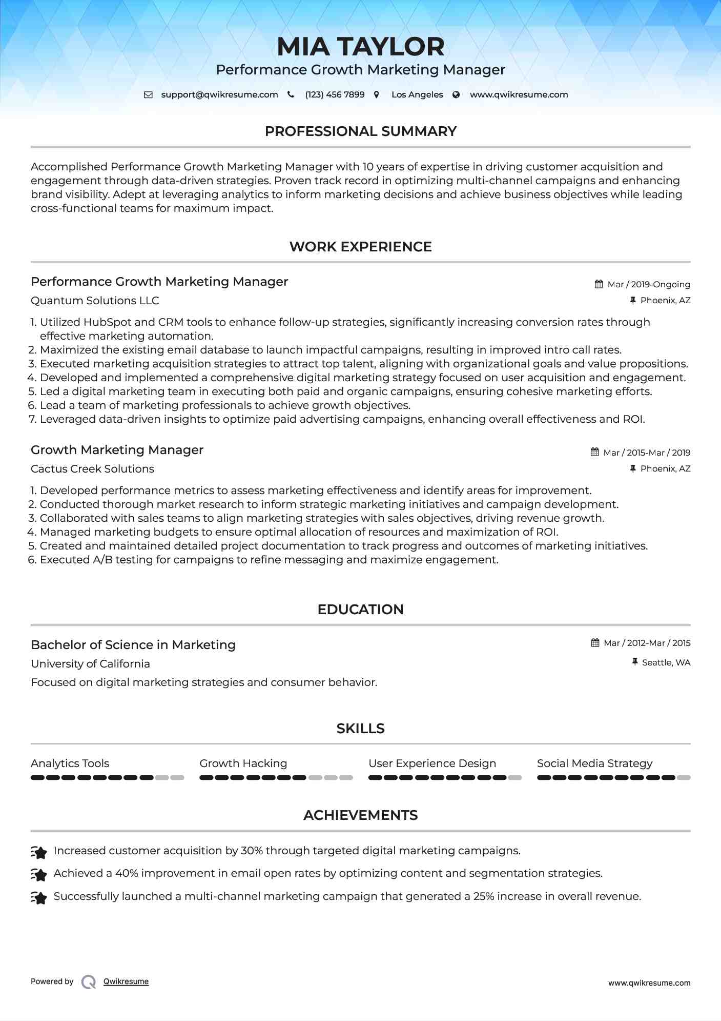 Performance Growth Marketing Manager Resume Model
