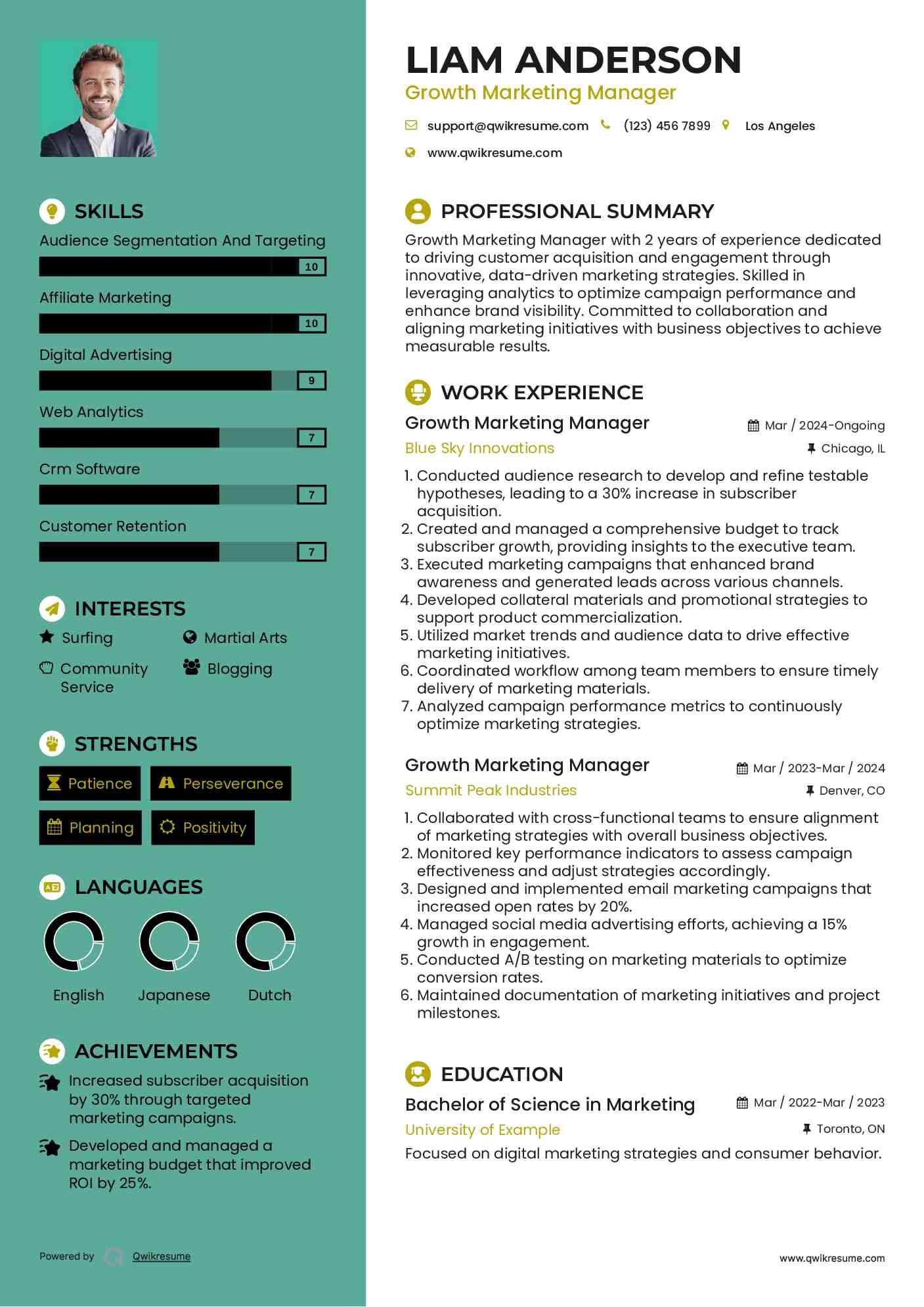 Growth Marketing Manager Resume Example