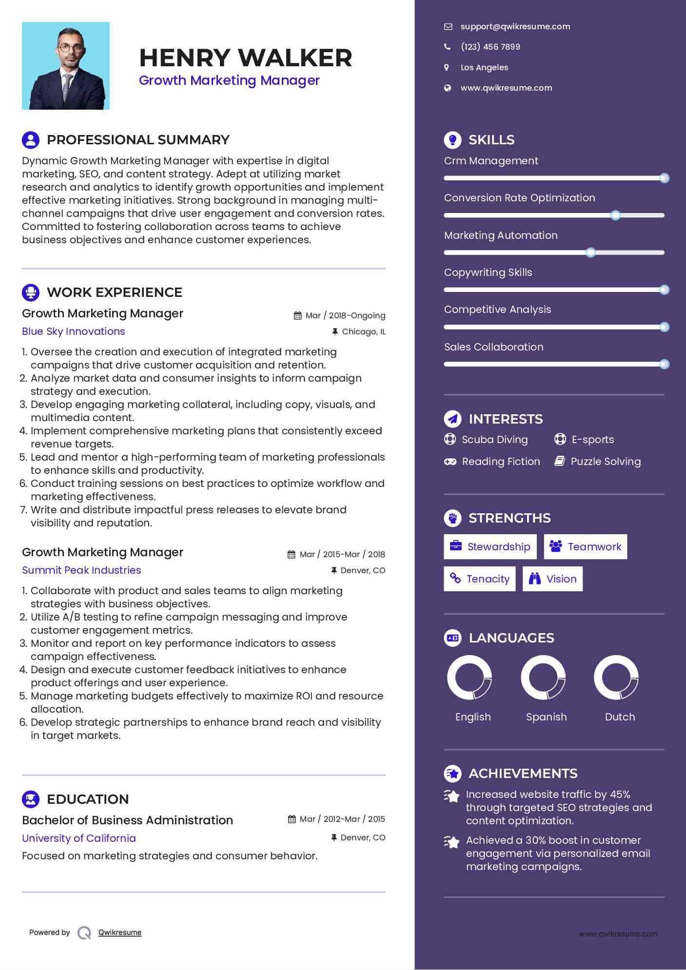 Growth Marketing Manager Resume Format