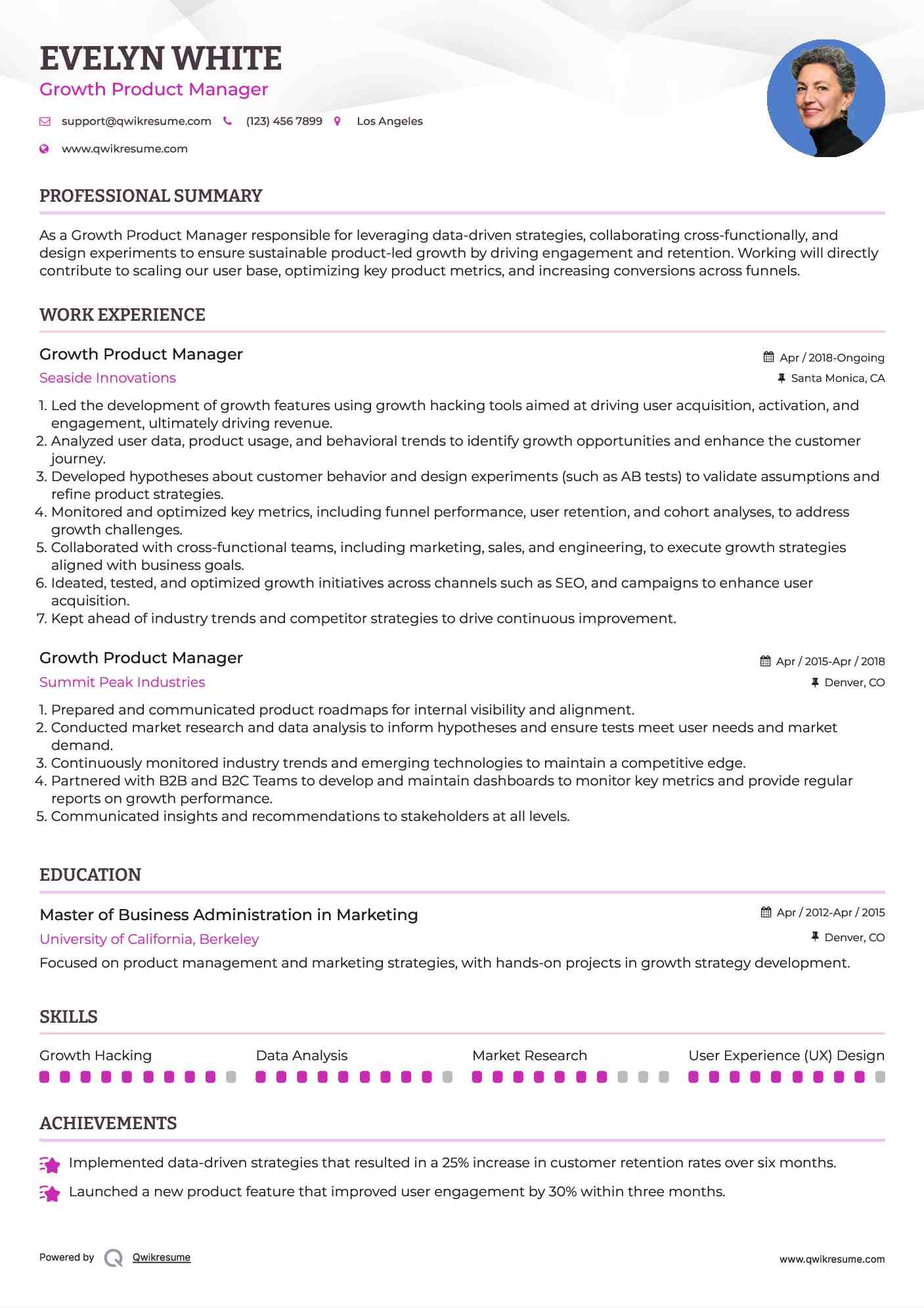 Growth Product Manager Resume Sample
