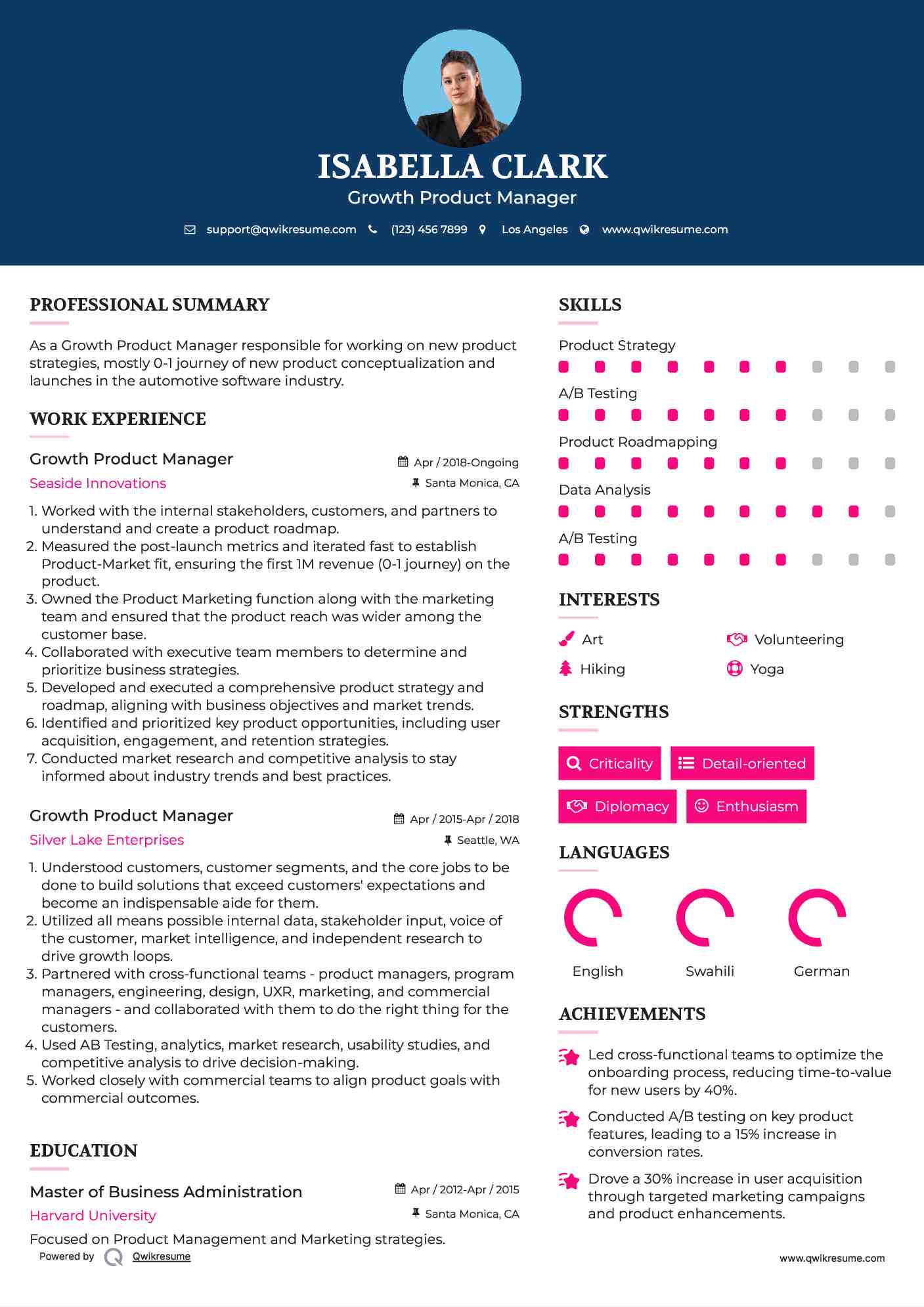 Growth Product Manager Resume Format