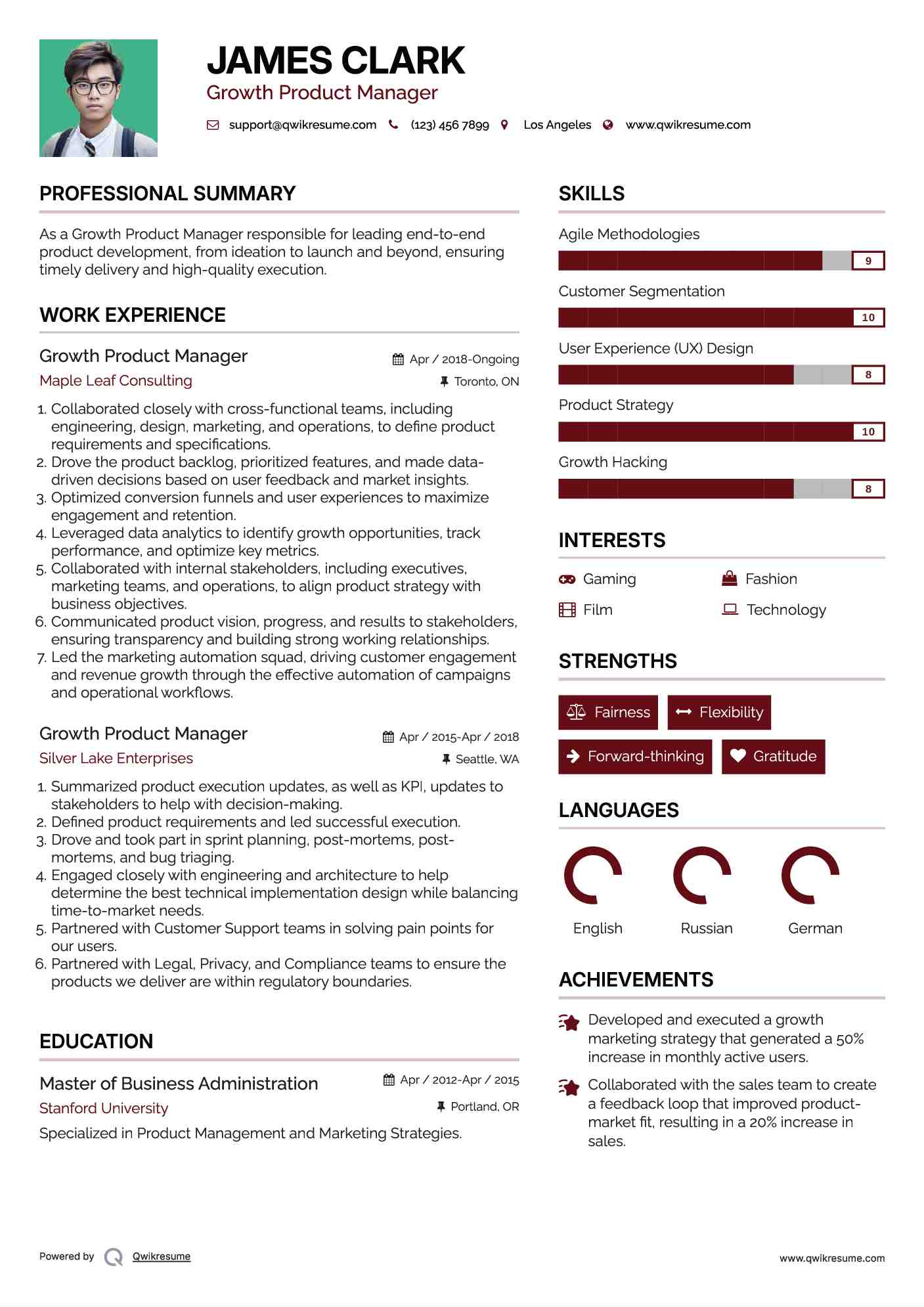 Growth Product Manager Resume Sample