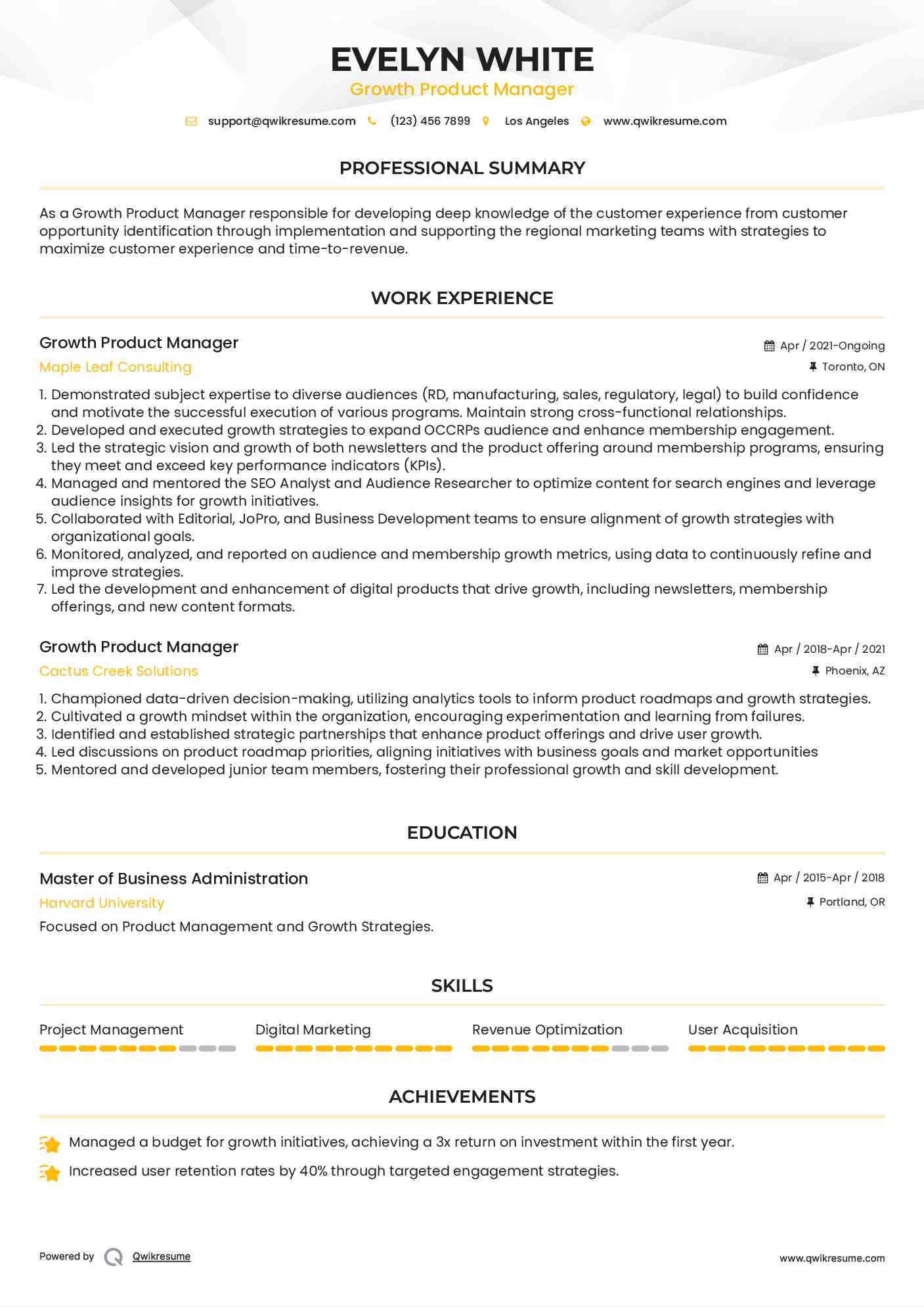 Growth Product Manager Resume Format