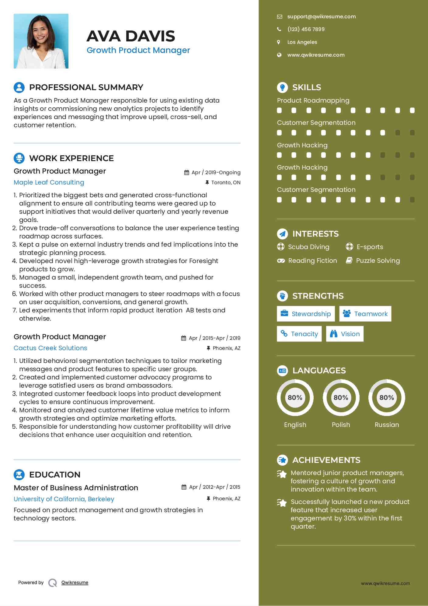 Growth Product Manager Resume Example