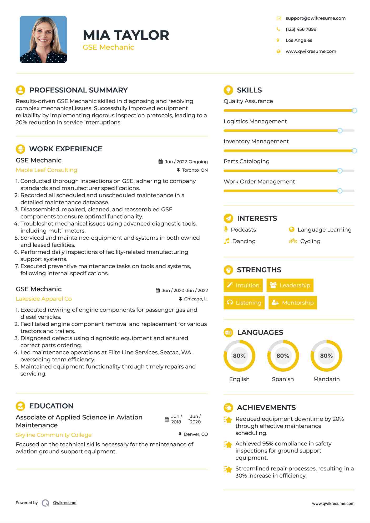 GSE Mechanic Resume Sample