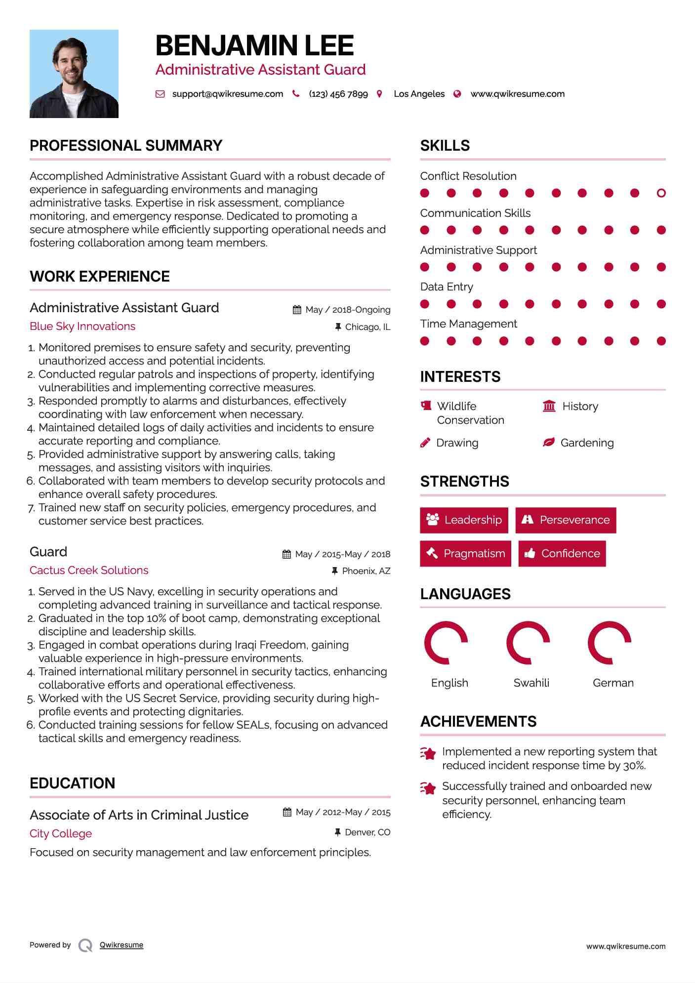 Administrative Assistant Guard Resume Example