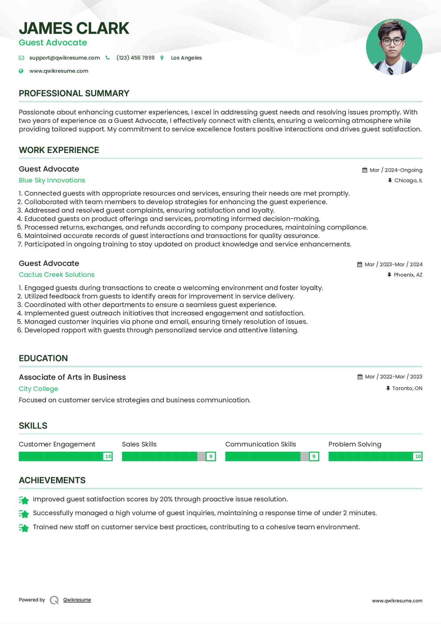 Guest Advocate Resume Example