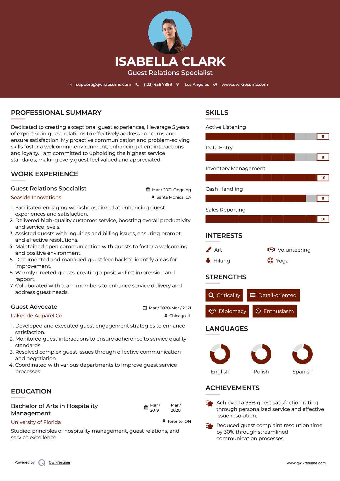 Guest Relations Specialist Resume Model