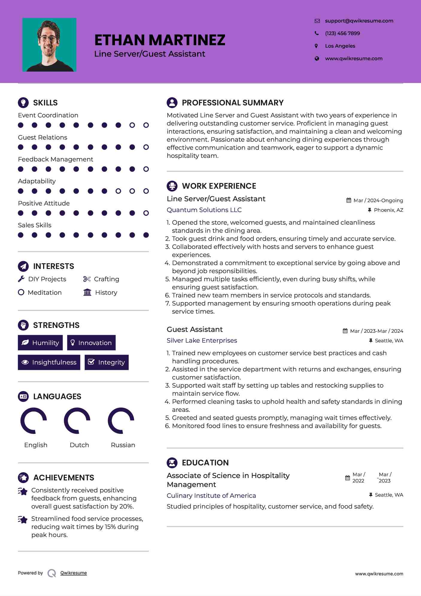 Line Server/Guest Assistant
 Resume Example