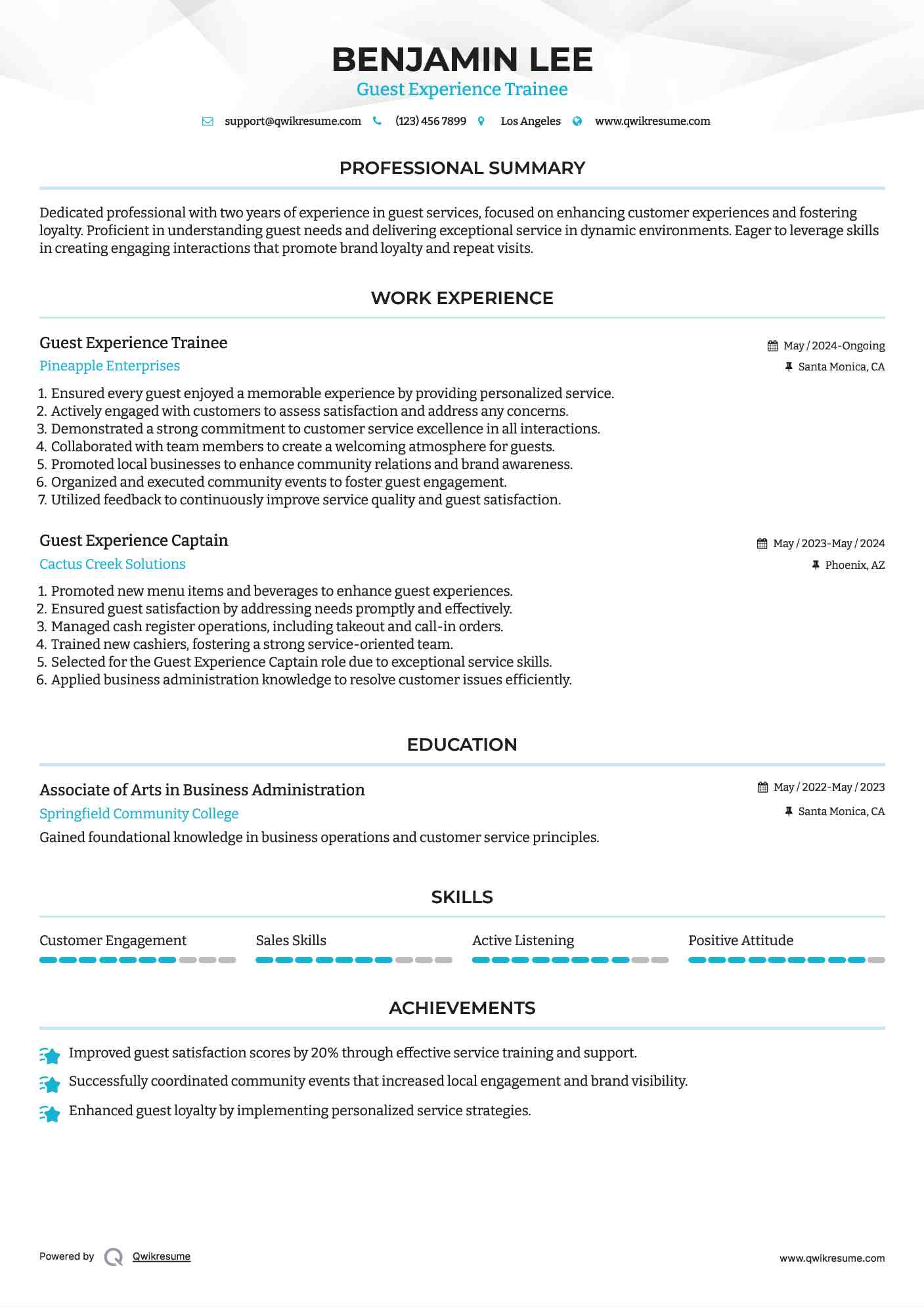 Guest Experience Trainee Resume Example
